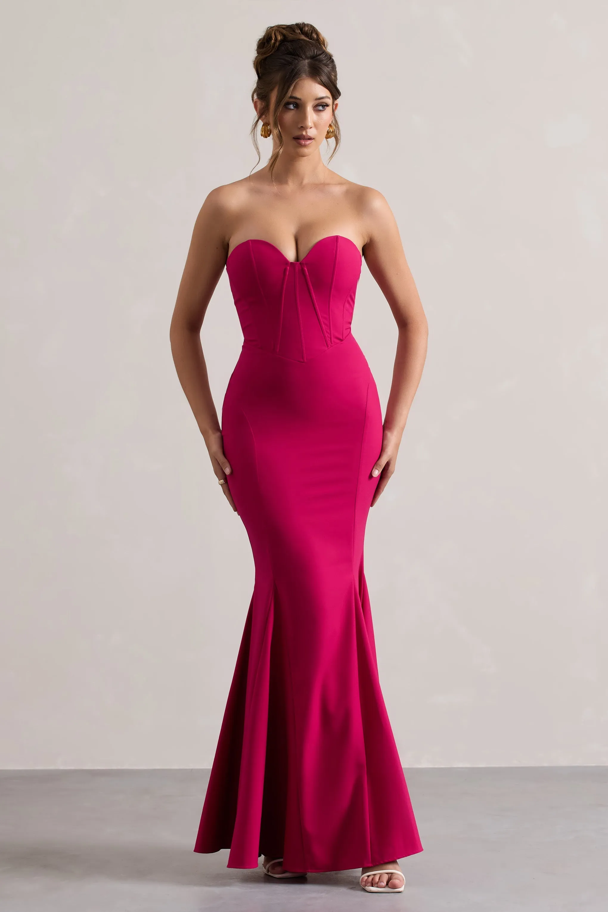 Idyllic | Hot Pink Strapless Corset Style Fishtail Maxi Dress sold by Club L London