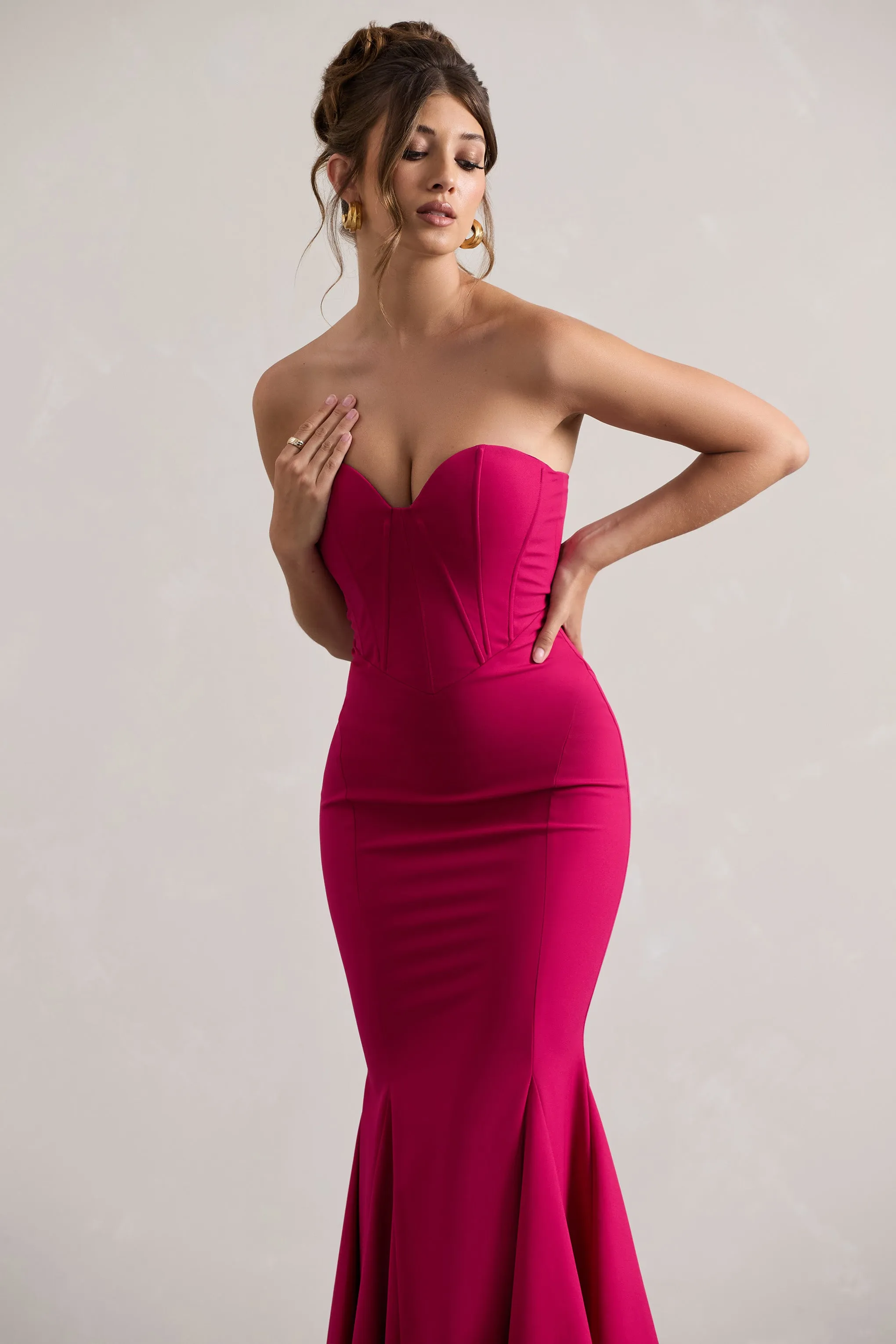 Idyllic | Hot Pink Strapless Corset Style Fishtail Maxi Dress sold by Club L London product image thumbnail 3