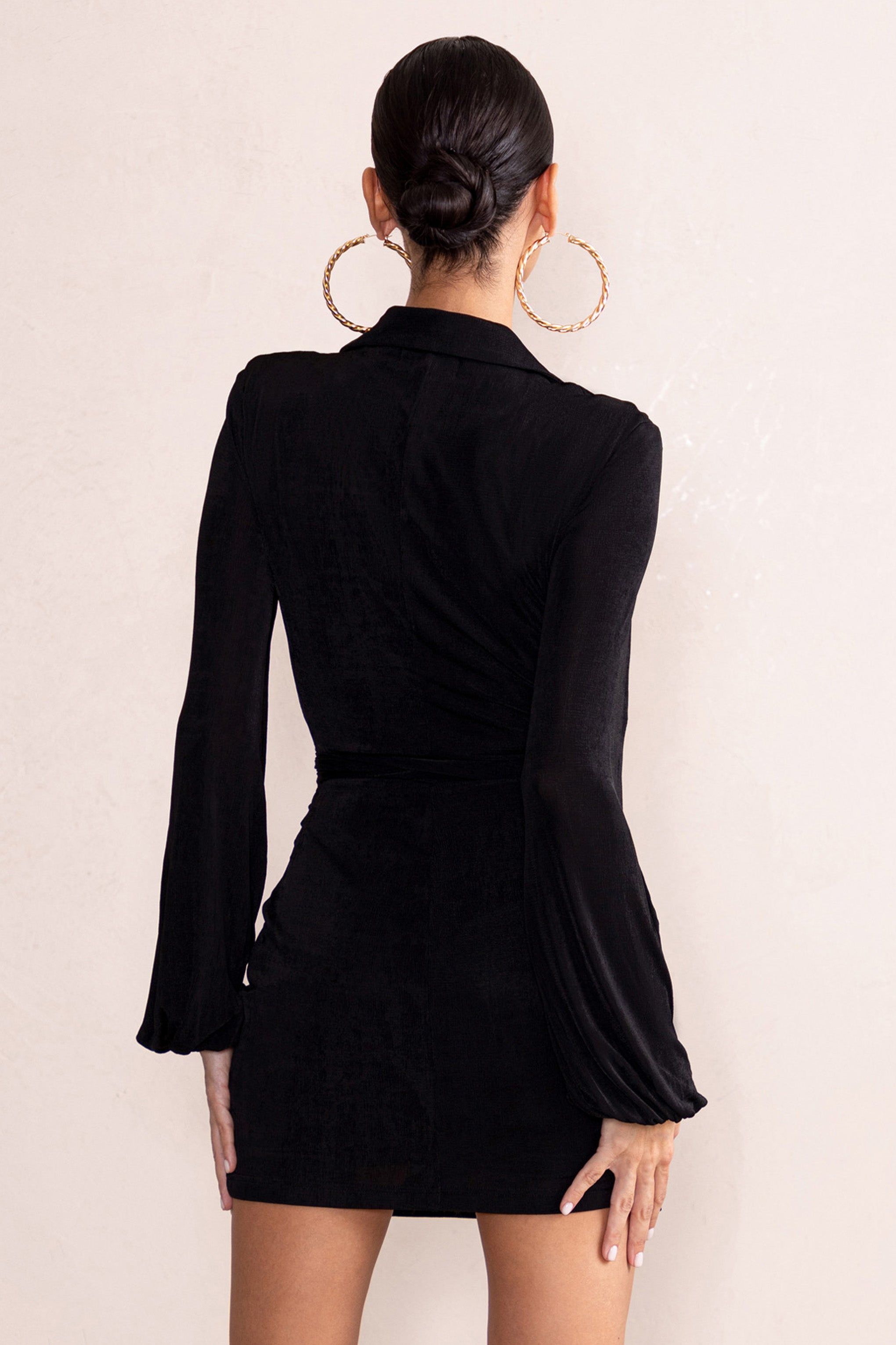 Hot Breeze | Black Plunge Neck Belt Detail Puff Sleeves Mini Dress sold by Club L London product image thumbnail 2