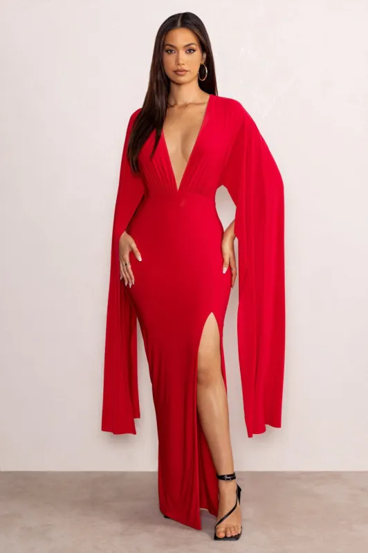 Maggie | Red Plunge Neck Maxi Dress with Cape Sleeves and Thigh Split made by Club L London