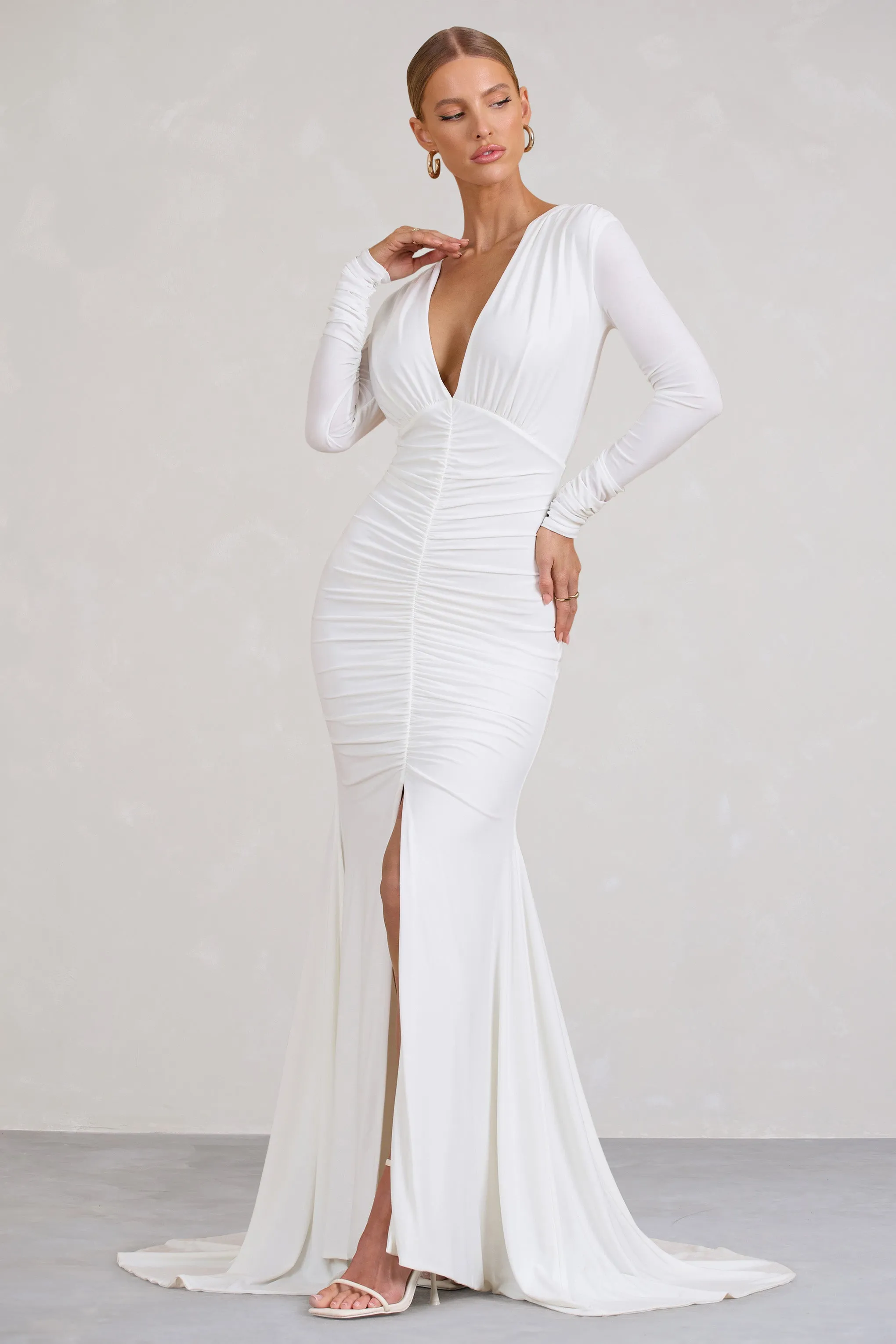 Demure | White Ruched Long-Sleeved Split Fishtail Maxi Dress sold by Club L London product image thumbnail 3