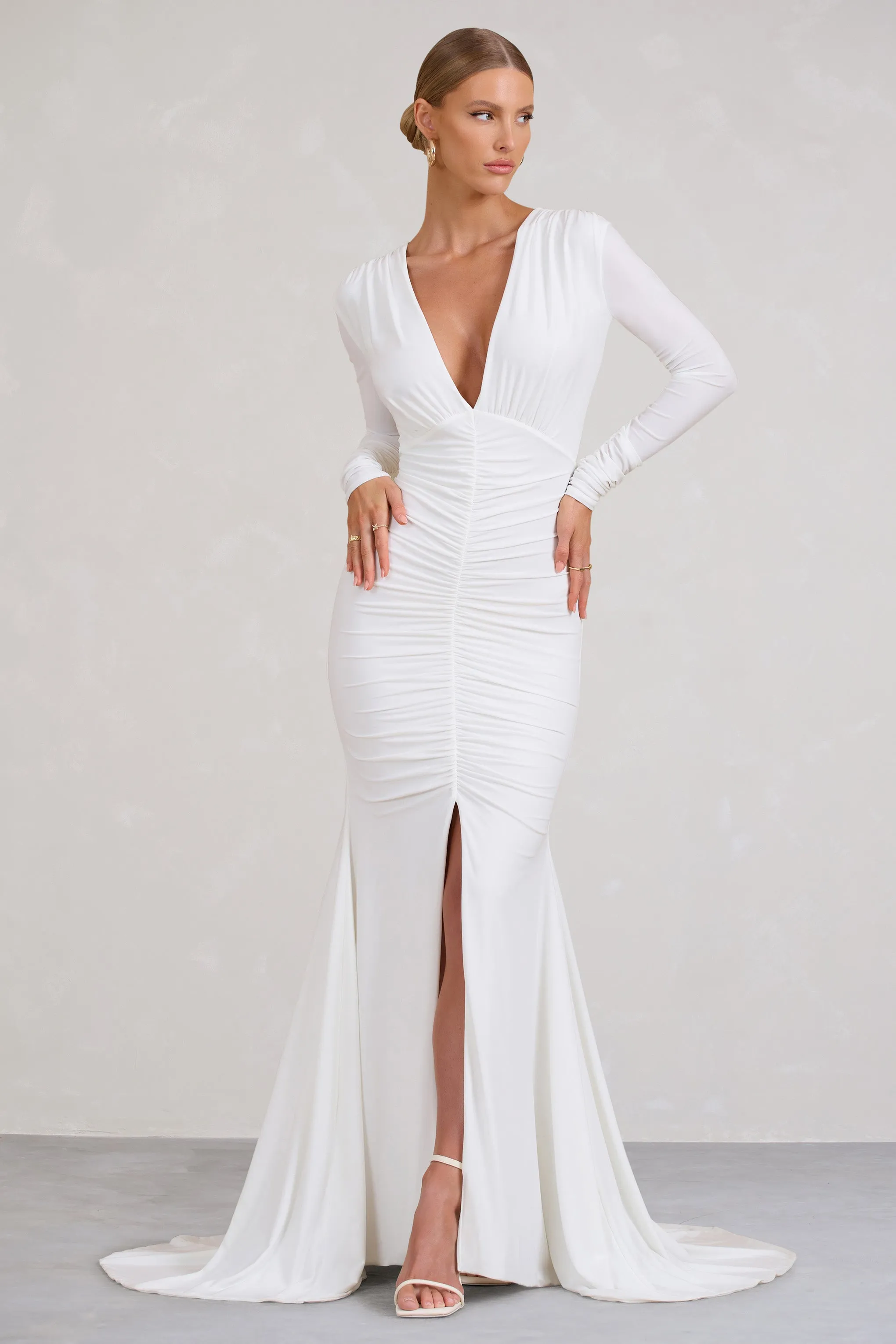 Demure | White Ruched Long-Sleeved Split Fishtail Maxi Dress sold by Club L London product image thumbnail 5