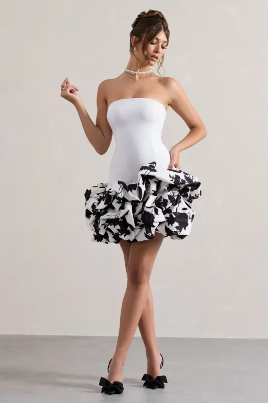 Work Of Art | Cream Floral Print Strapless Ruffle Mini Dress sold by Club L London