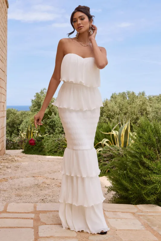 Catera | White Strapless Layered Ruffle Maxi Dress sold by Club L London