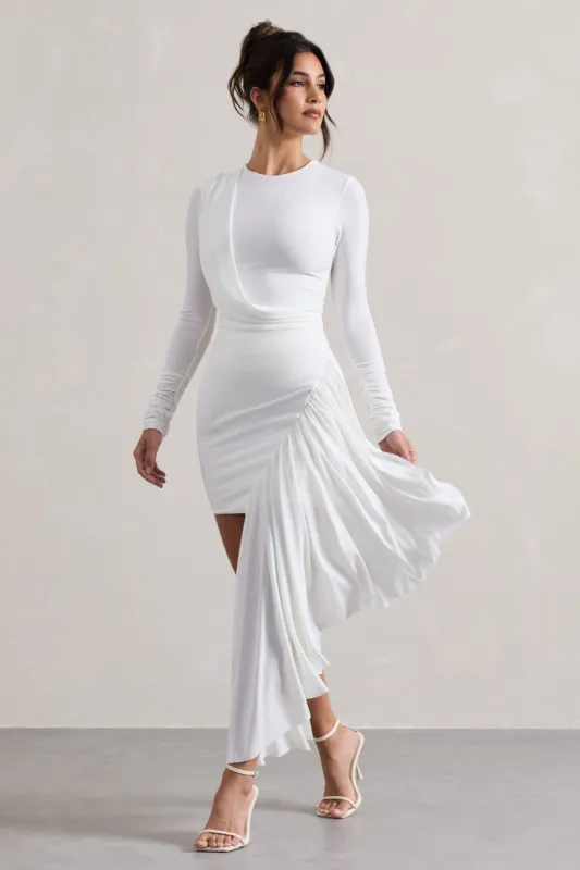 Tate | White Long-Sleeve Wrap Mini Dress With Drape sold by Club L London