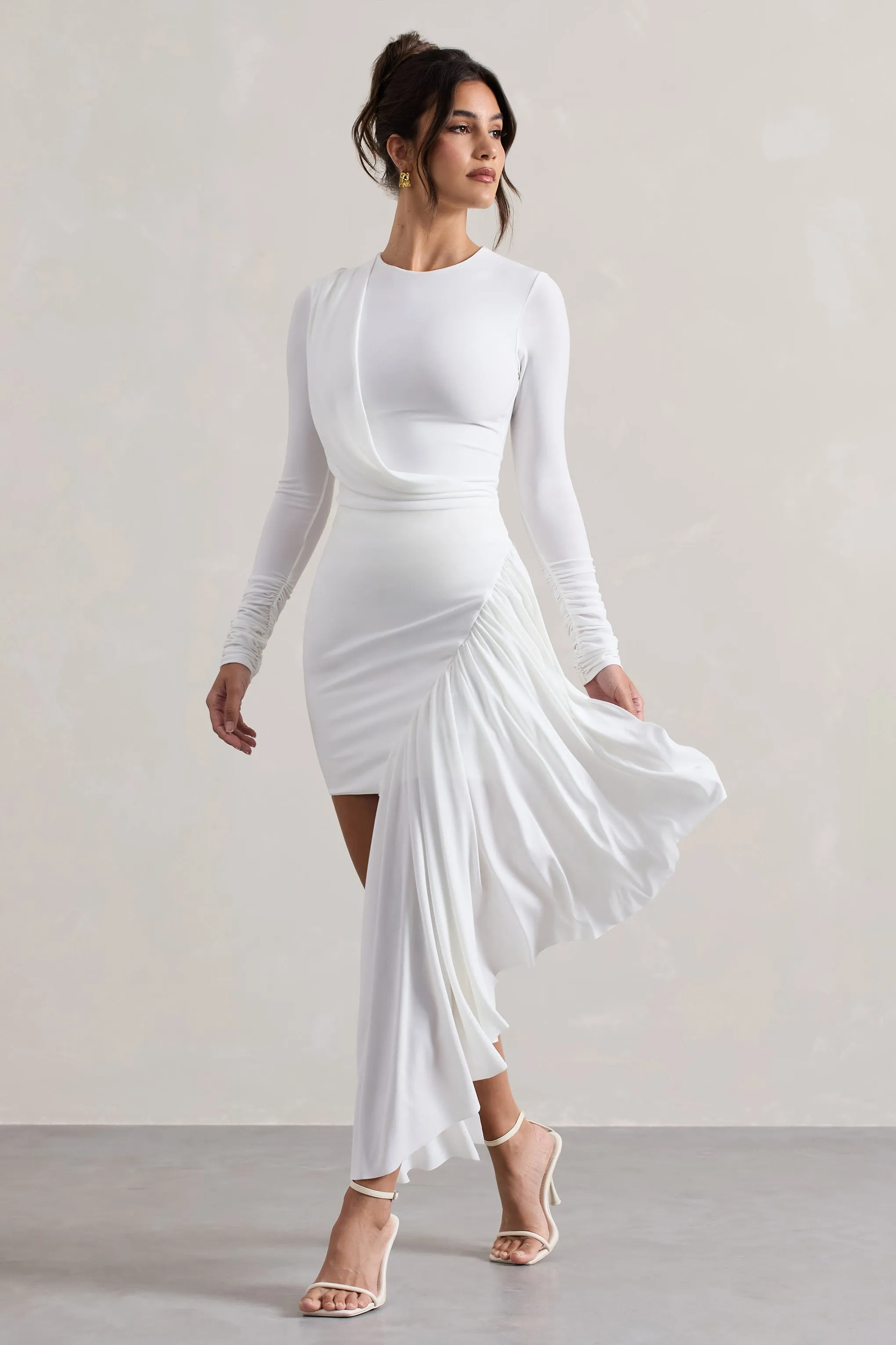 Tate | White Long-Sleeve Wrap Mini Dress With Drape sold by Club L London