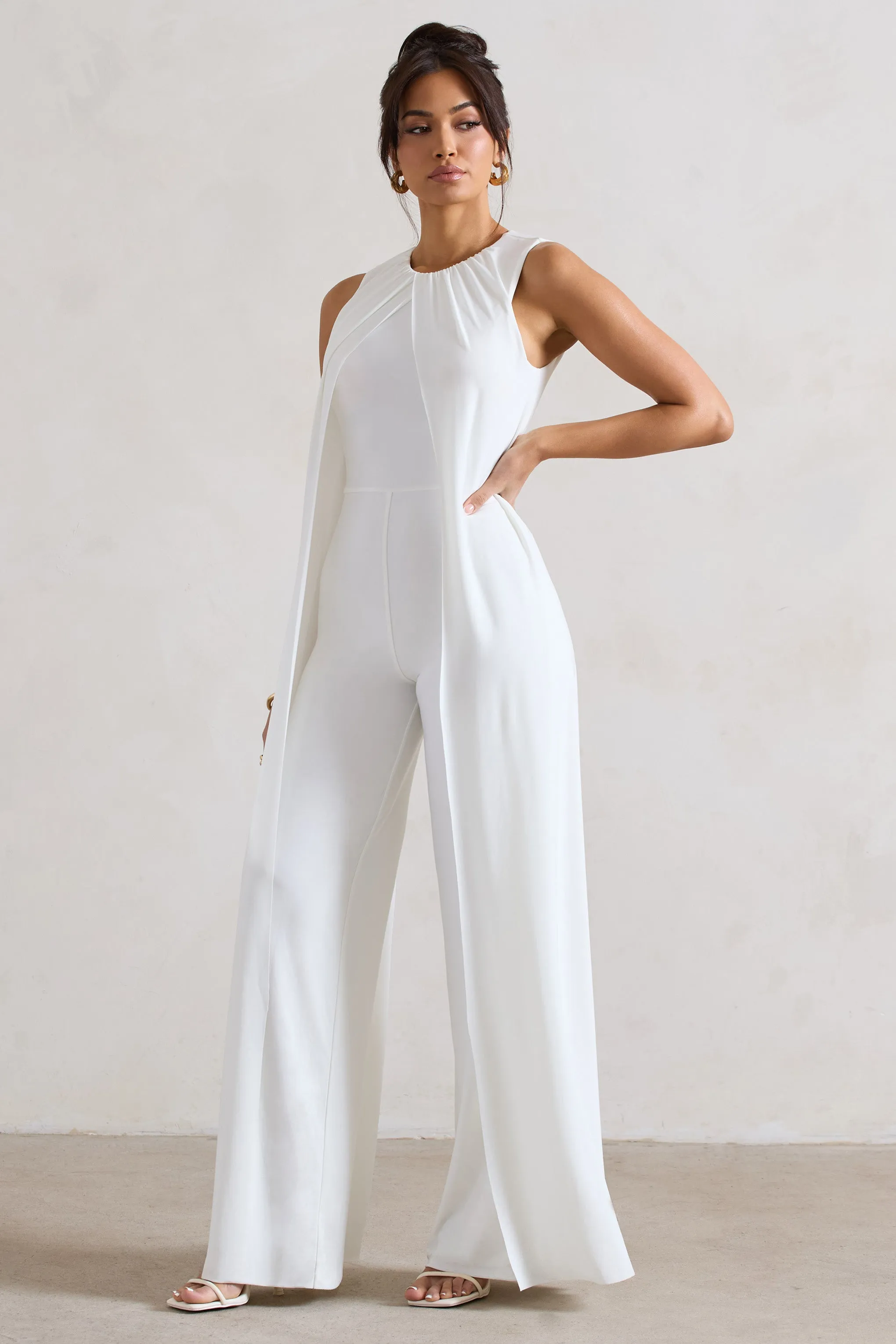 Essence | White High-Neck Wide-Leg Jumpsuit With Cape sold by Club L London product image thumbnail 5