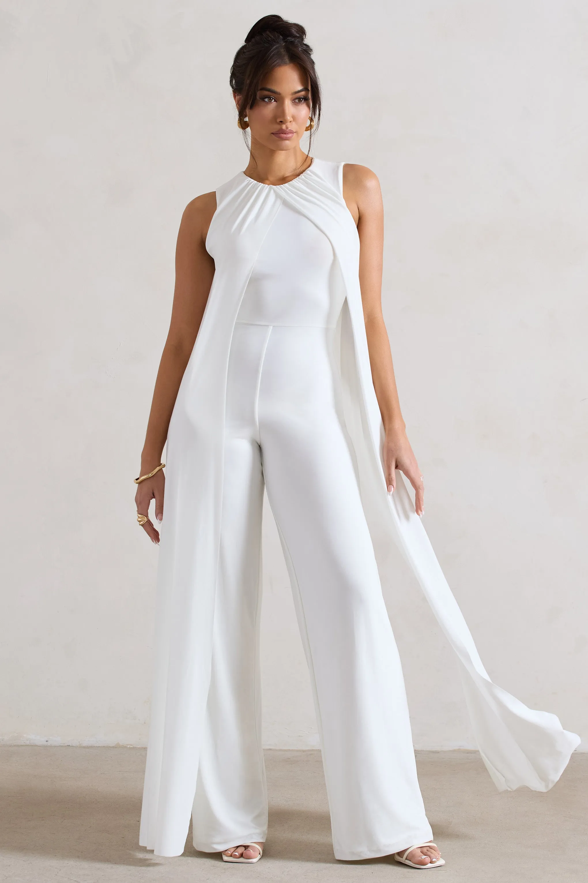 Essence | White High-Neck Wide-Leg Jumpsuit With Cape sold by Club L London