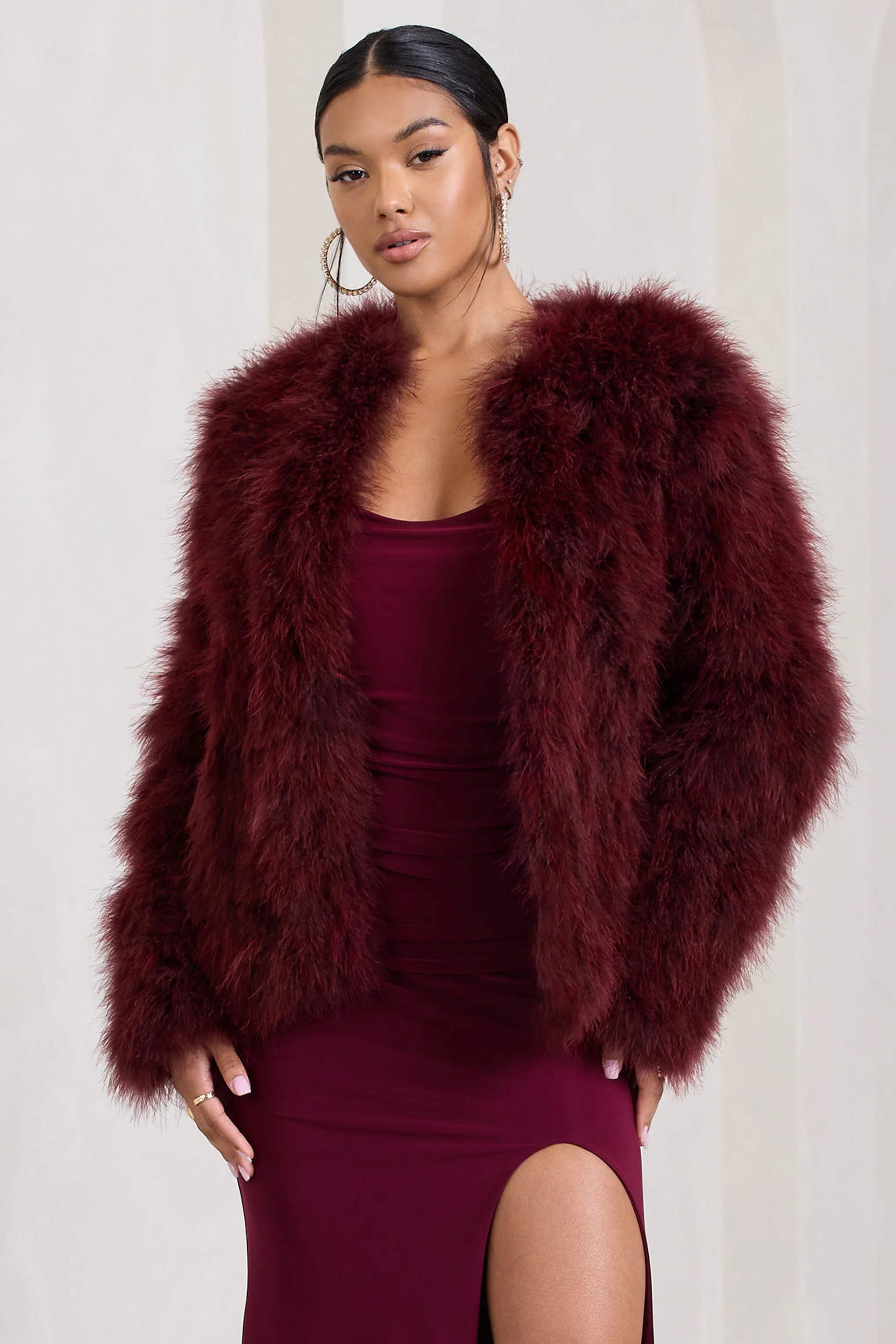 Aves | Port Short Fluffy Feather Jacket sold by Club L London product image thumbnail 4