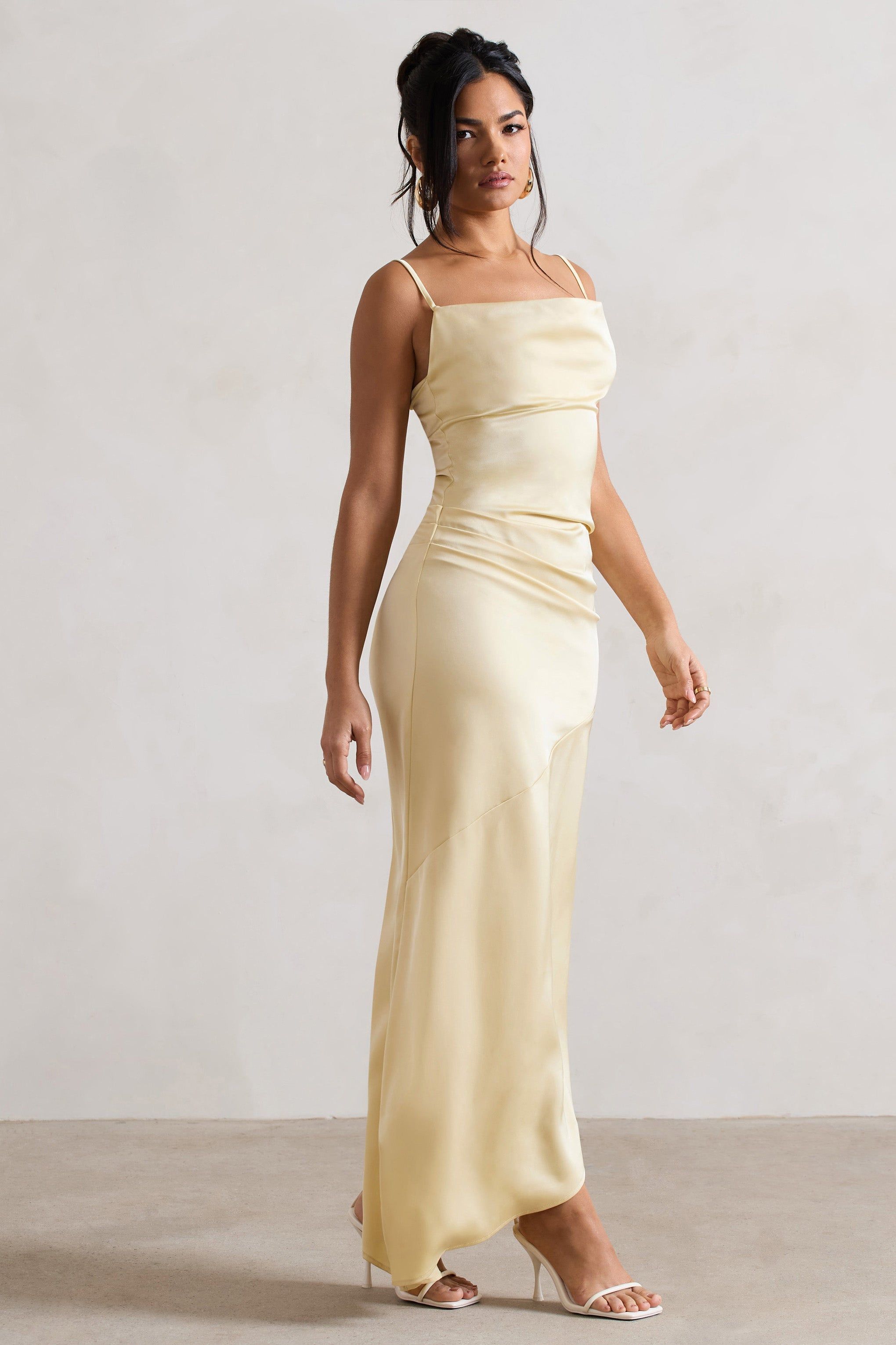 Santi | Lemon Satin Cowl-Neck Asymmetric Midi Dress sold by Club L London product image thumbnail 5