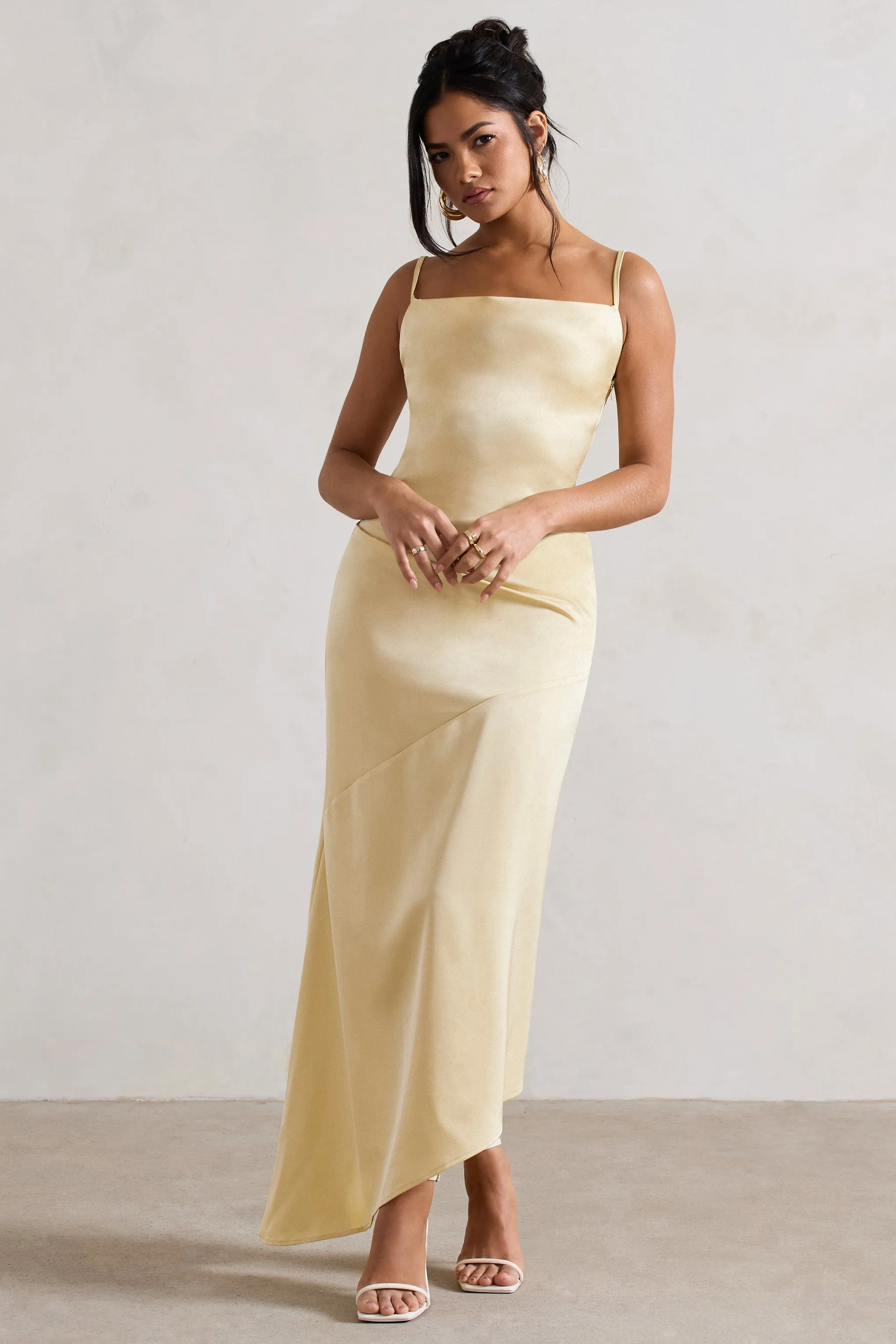 Santi | Lemon Satin Cowl-Neck Asymmetric Maxi Dress sold by Club L London