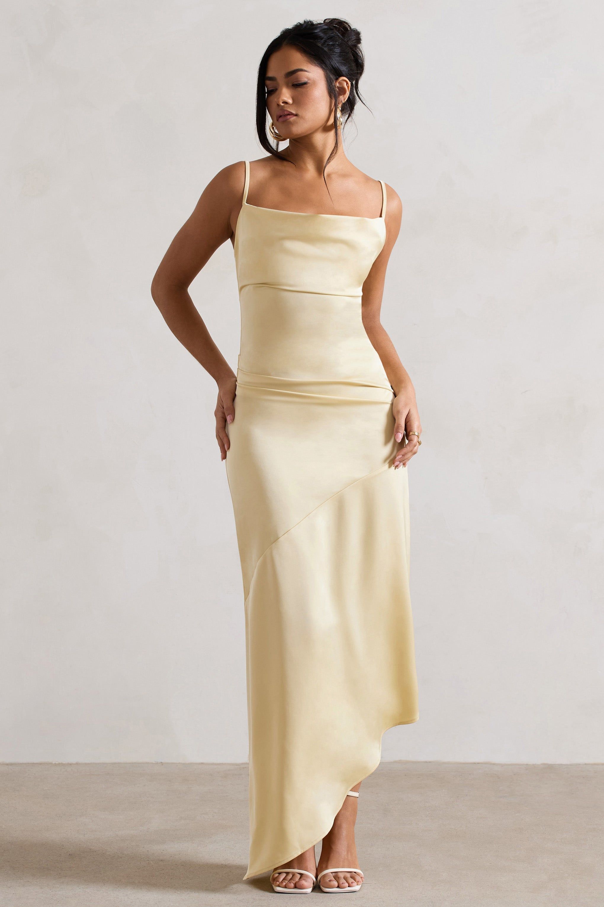 Santi | Lemon Satin Cowl-Neck Asymmetric Midi Dress sold by Club L London