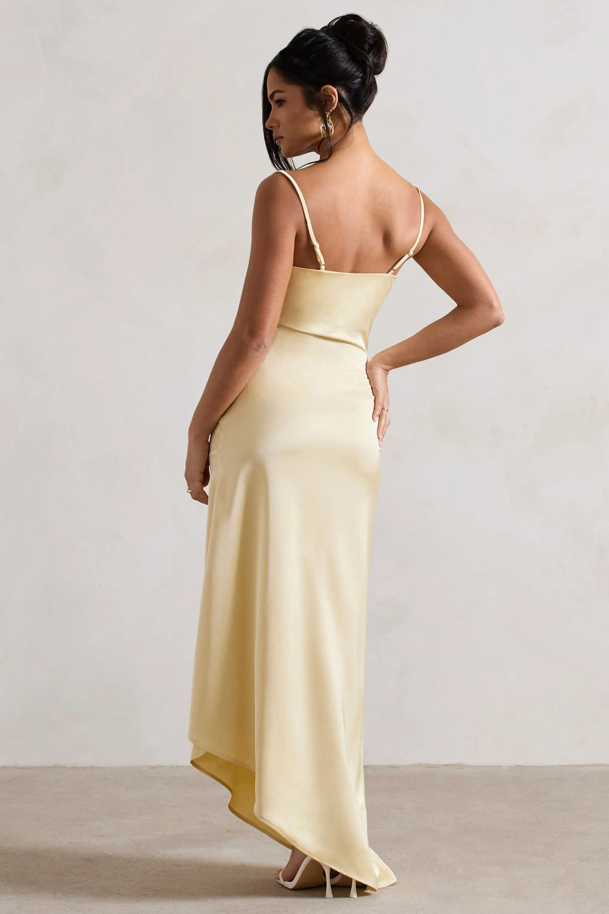 Santi | Lemon Satin Cowl-Neck Asymmetric Maxi Dress sold by Club L London product image thumbnail 2