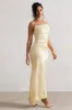 Santi | Lemon Satin Cowl-Neck Asymmetric Maxi Dress sold by Club L London