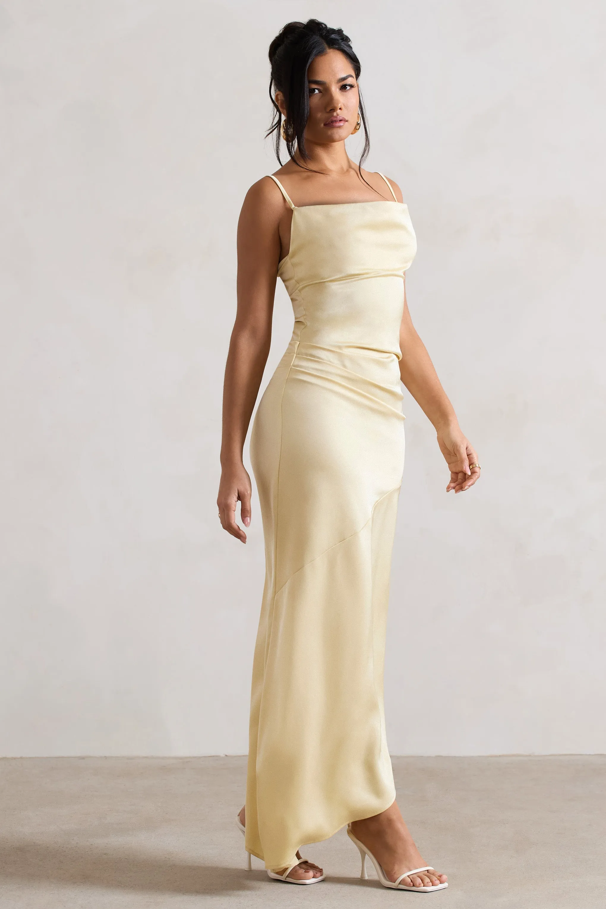 Santi | Lemon Satin Cowl-Neck Asymmetric Maxi Dress sold by Club L London product image thumbnail 4