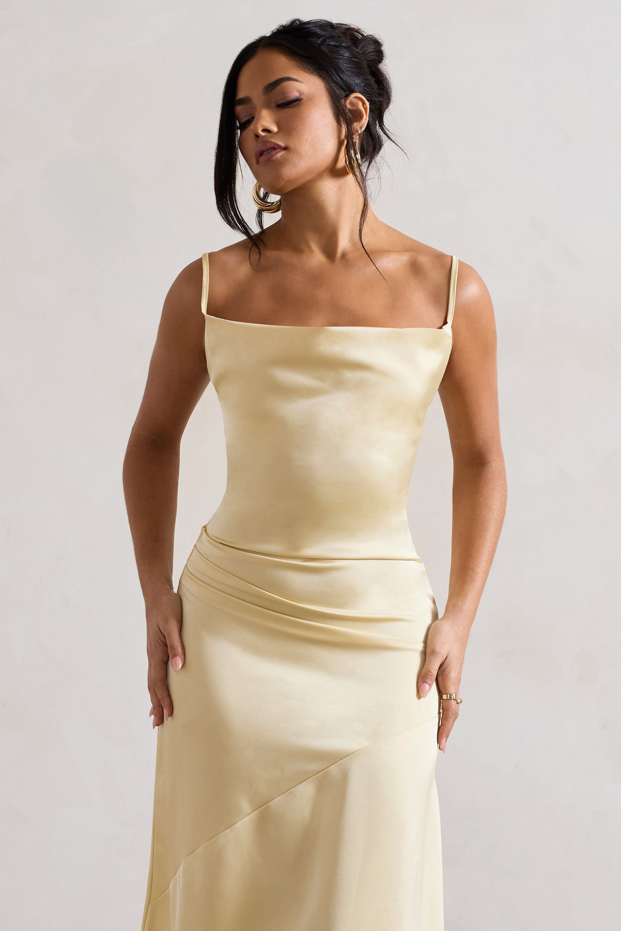 Santi | Lemon Satin Cowl-Neck Asymmetric Midi Dress sold by Club L London product image thumbnail 3