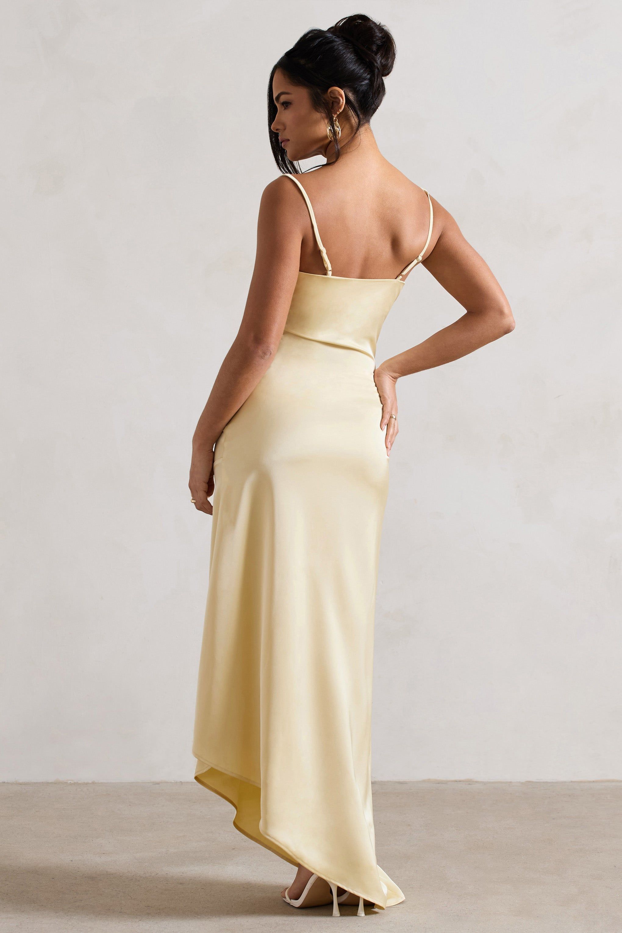 Santi | Lemon Satin Cowl-Neck Asymmetric Midi Dress sold by Club L London product image thumbnail 2