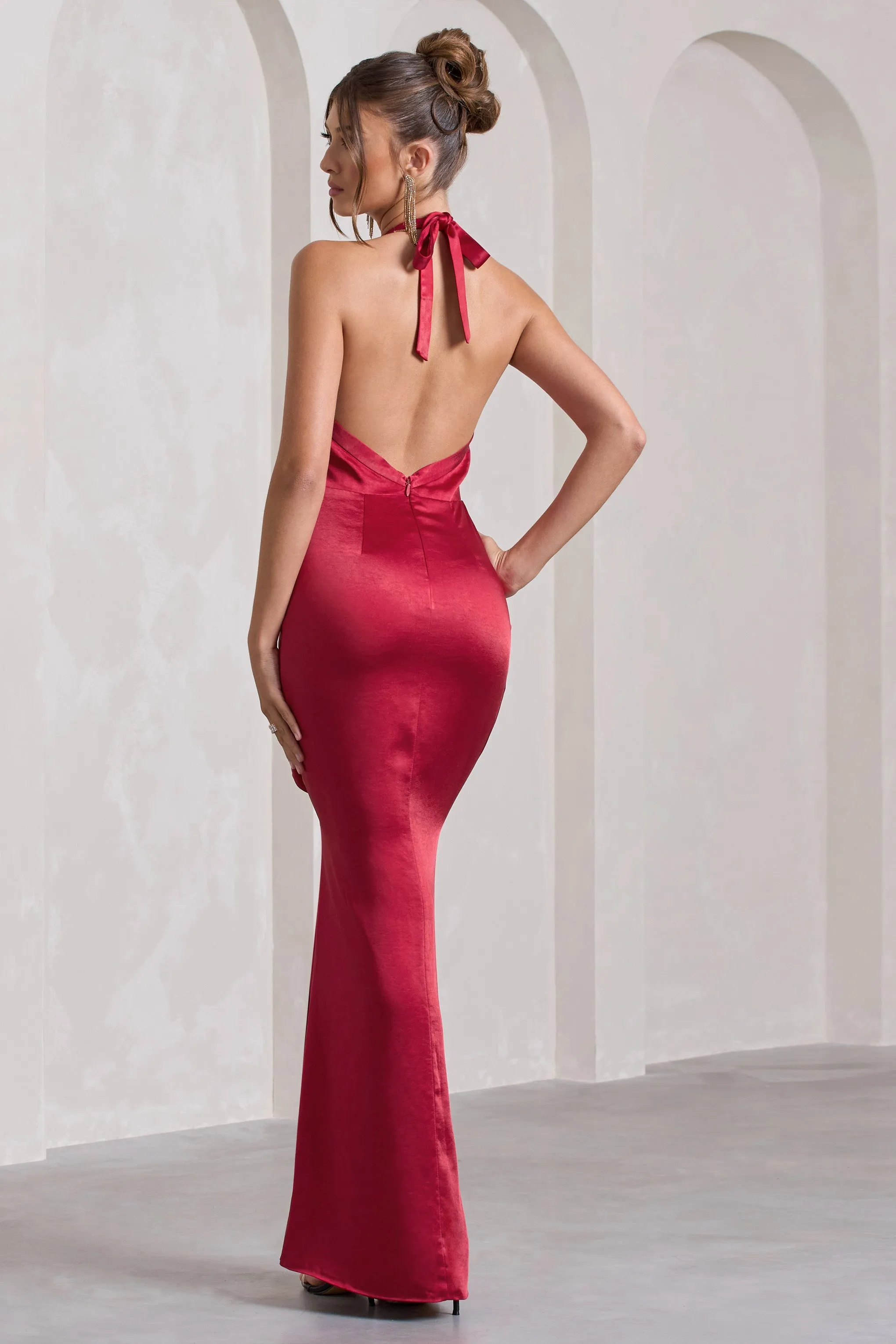 Rebecca | Red Satin Plunge Halter-Neck Open-Back Split Maxi Dress sold by Club L London product image thumbnail 2