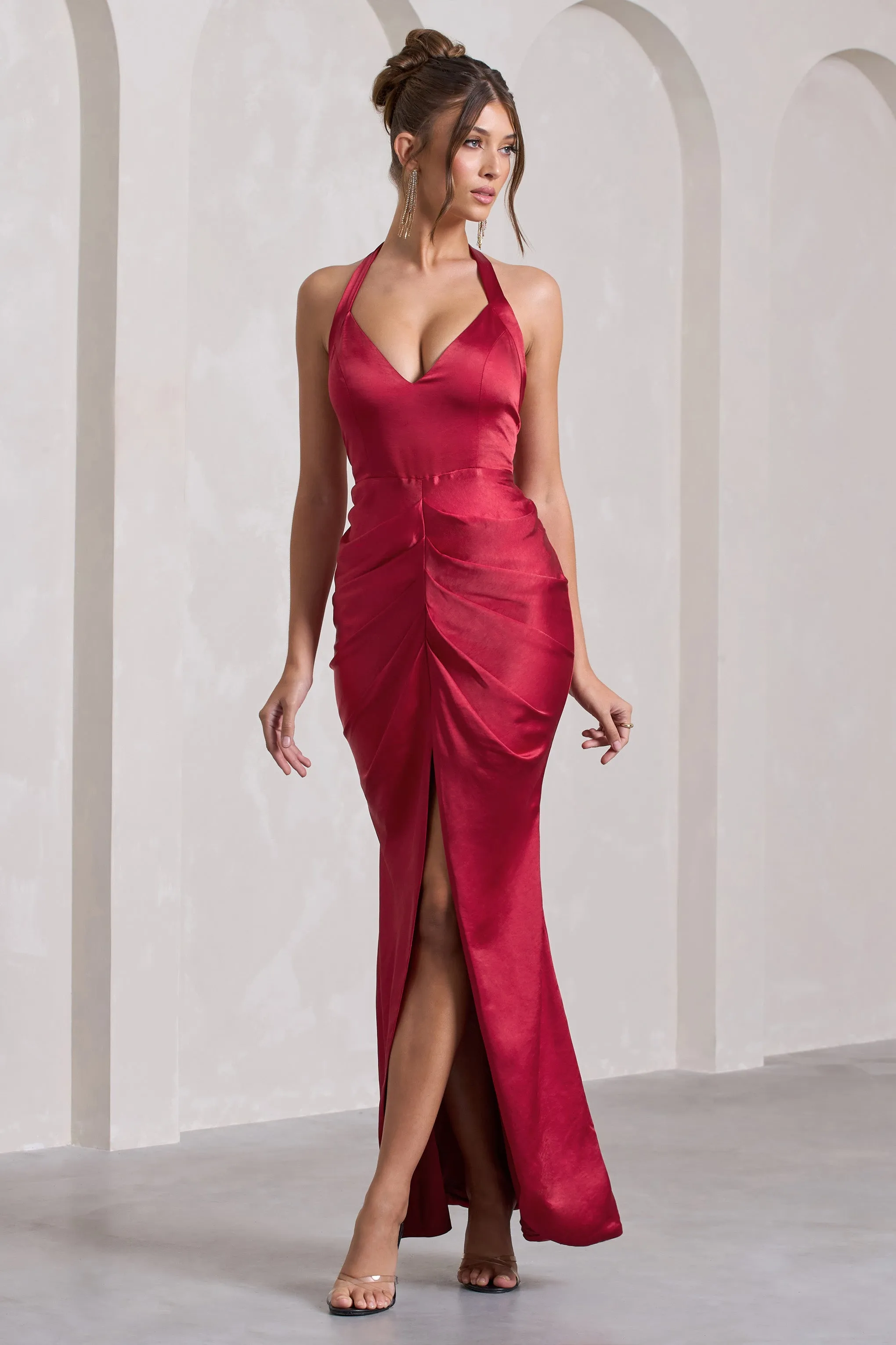 Rebecca | Red Satin Plunge Halter-Neck Open-Back Split Maxi Dress sold by Club L London product image thumbnail 5