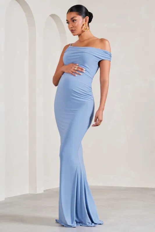 My Wish | Cornflower Blue Strappy Asymmetric Maternity Maxi Dress sold by Club L London