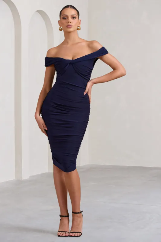 Gratitude | Navy Off The Shoulder Ruched Midi Dress sold by Club L London