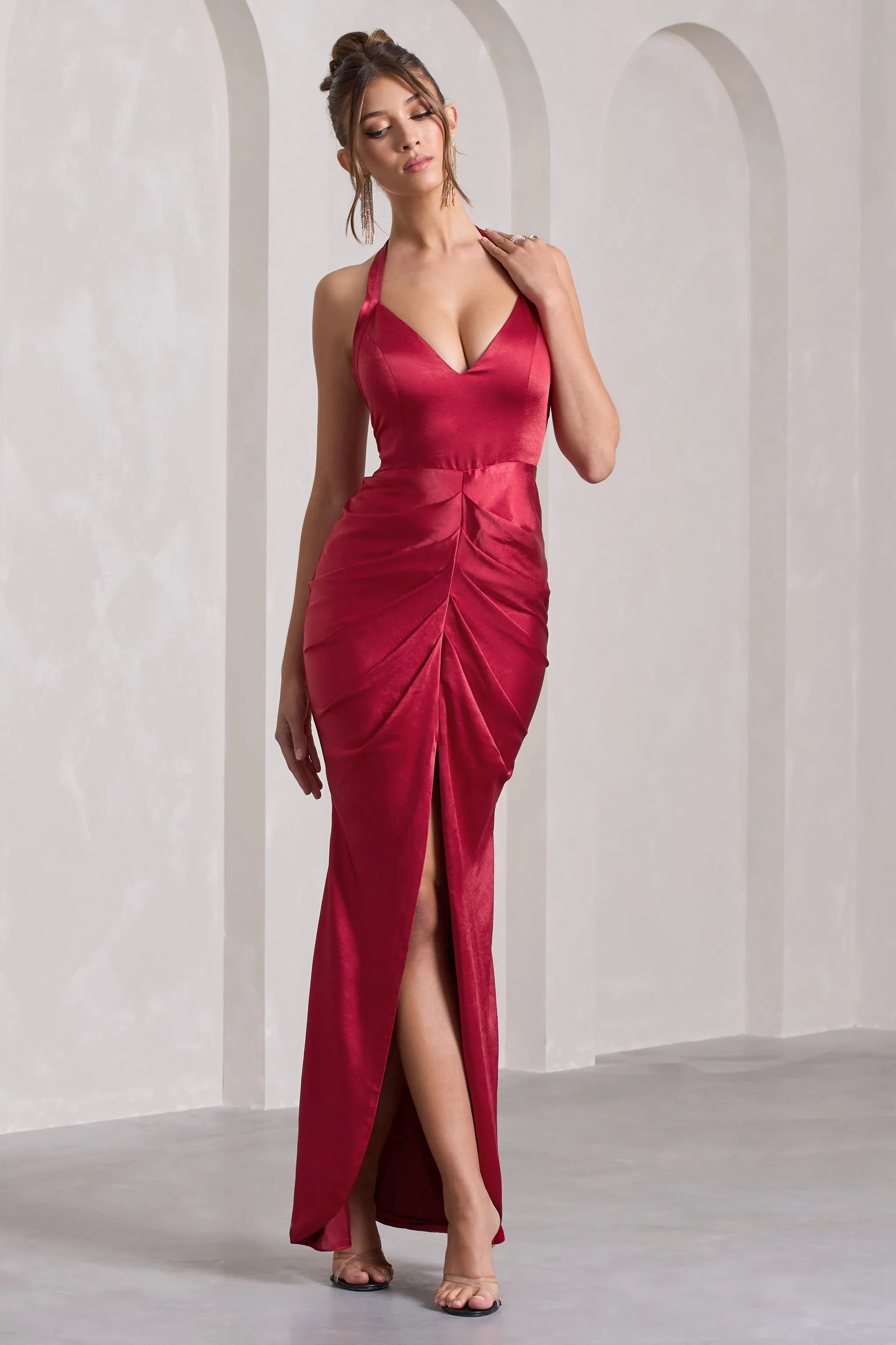 Rebecca | Red Satin Plunge Halter-Neck Open-Back Split Maxi Dress sold by Club L London
