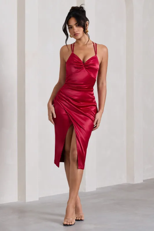 Penelope | Red Satin Twist Front Strappy Midi Dress sold by Club L London
