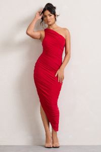Dorit | Red One Shoulder Asymmetric Ruched Midi Dress sold by Club L London