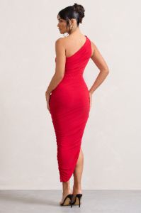 Dorit | Red One Shoulder Asymmetric Ruched Midi Dress sold by Club L London