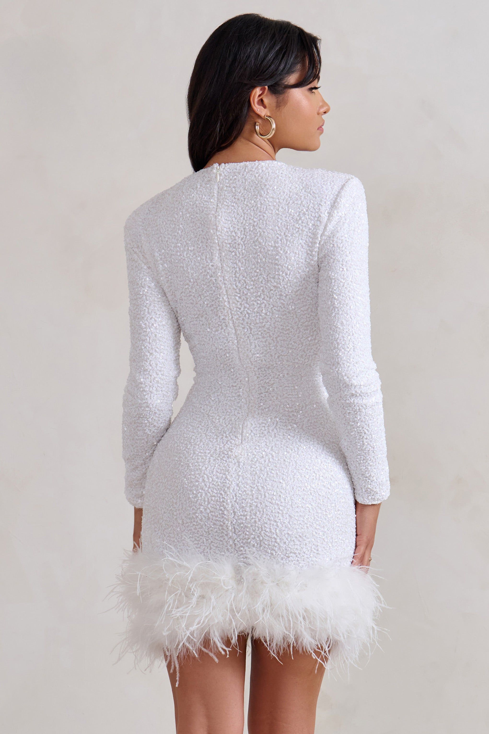 Claudia | White Sequin High Neck Feather Hem Mini Dress With Long Sleeves sold by Club L London product image thumbnail 2