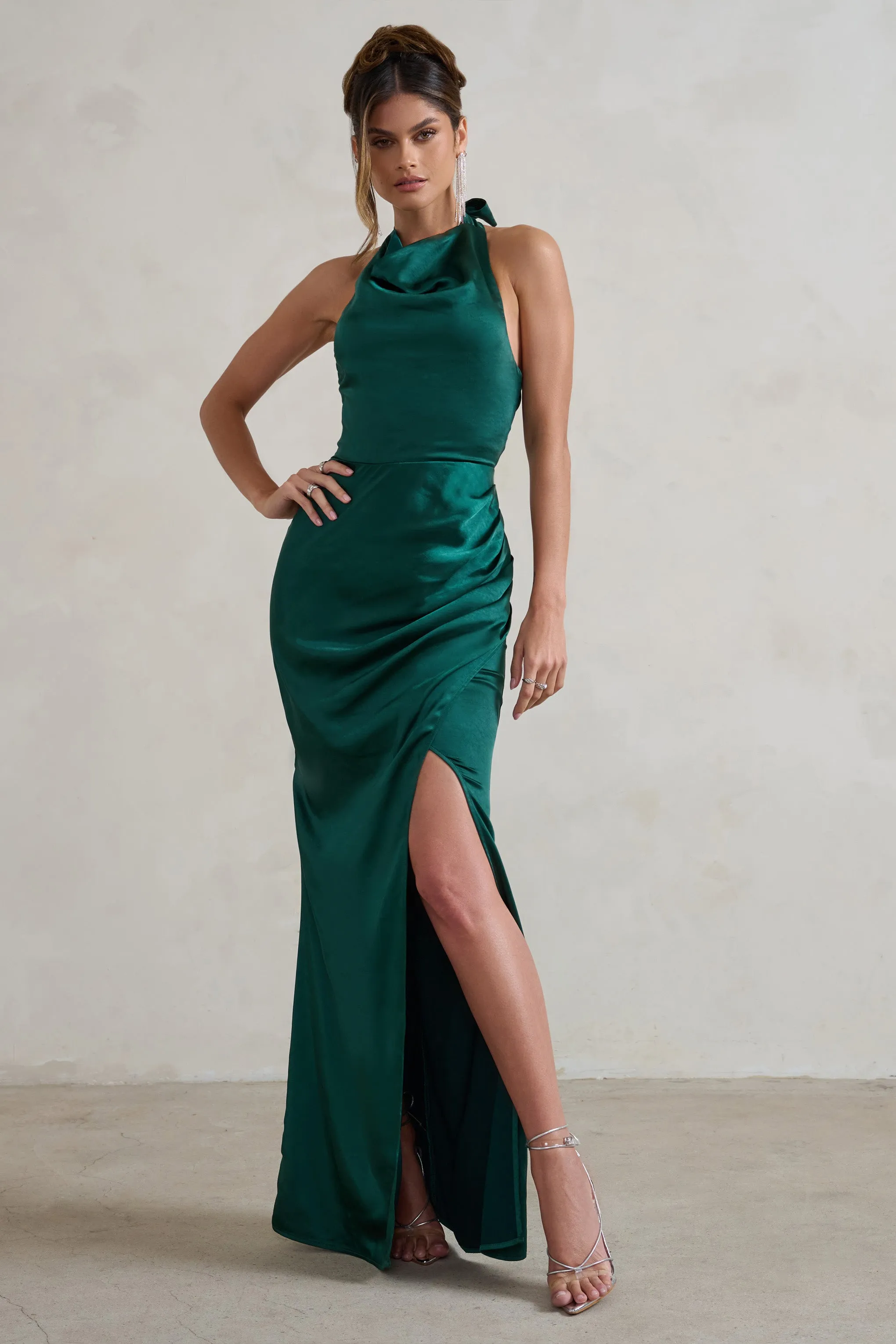 Forever Feature | Bottle Green High Neck Wrap Maxi Dress sold by Club L London