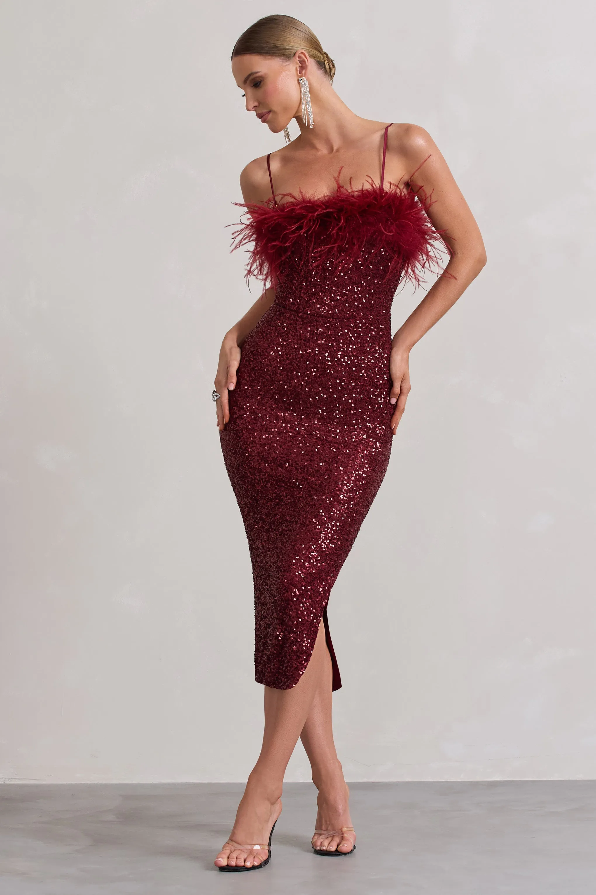 In Your Head | Plum Sequin Strappy Midi Dress With Feathers sold by Club L London product image thumbnail 4