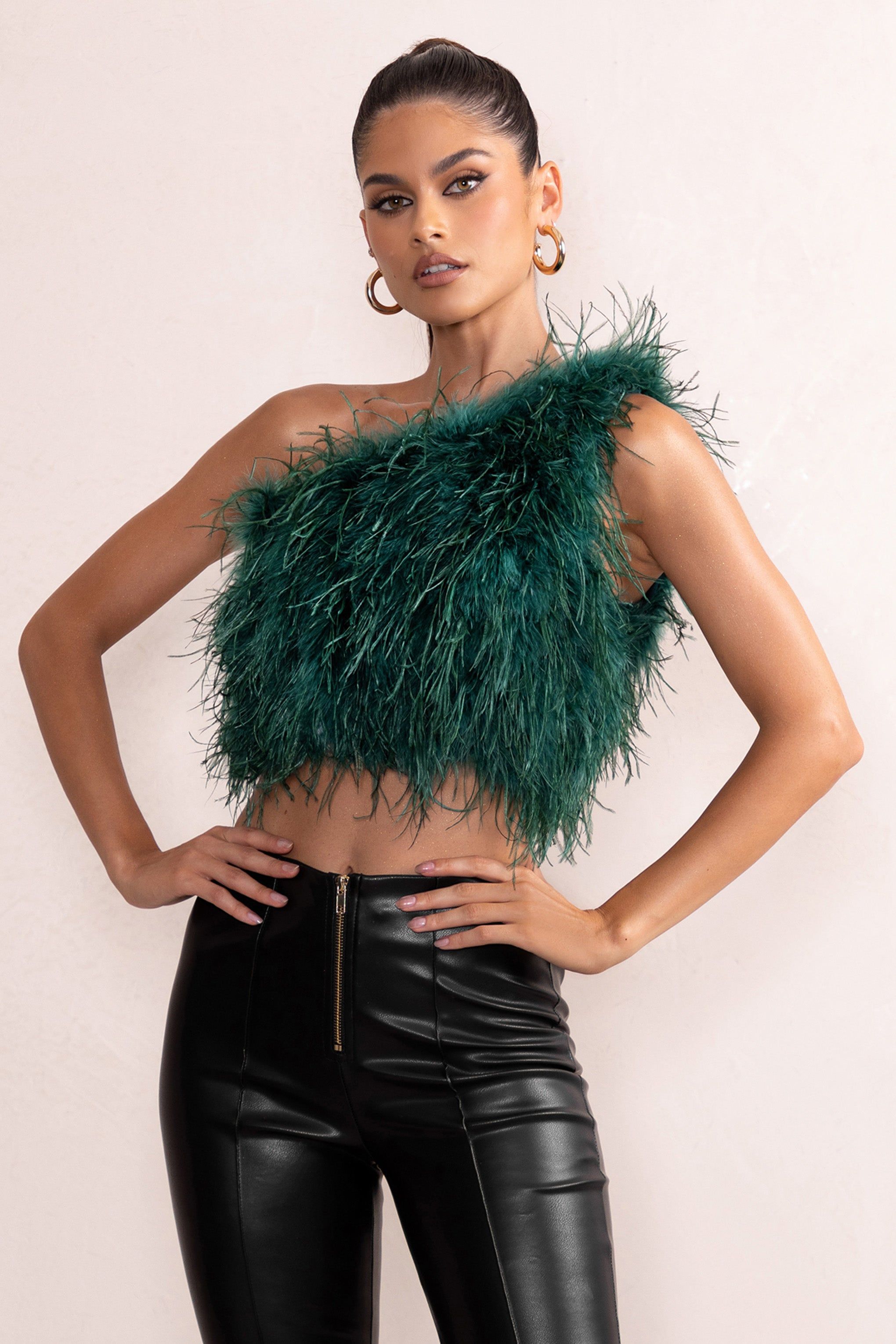 Ivey | Bottle Green One Shoulder Feather Crop Top sold by Club L London