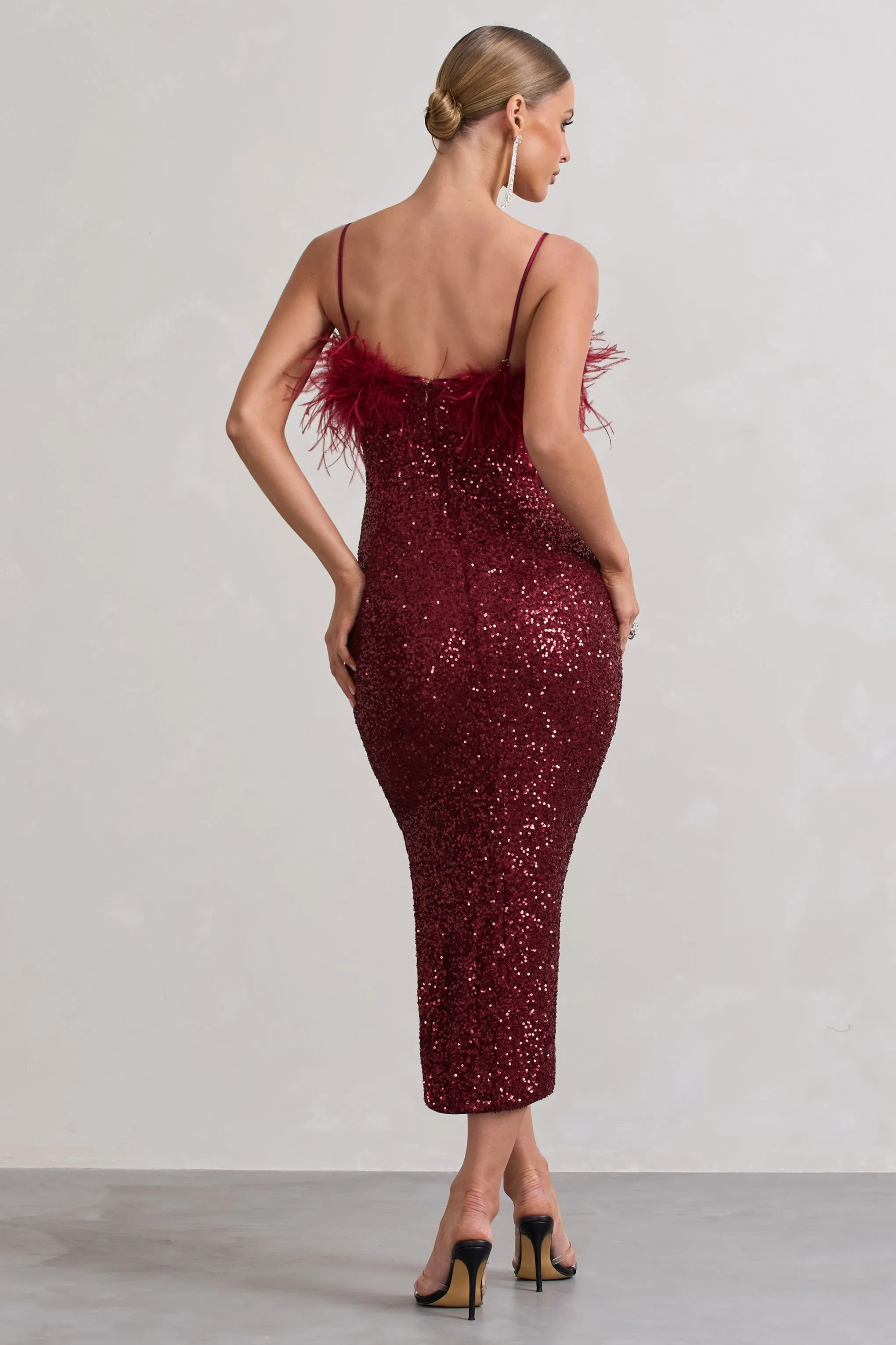 In Your Head | Plum Sequin Strappy Midi Dress With Feathers sold by Club L London product image thumbnail 2