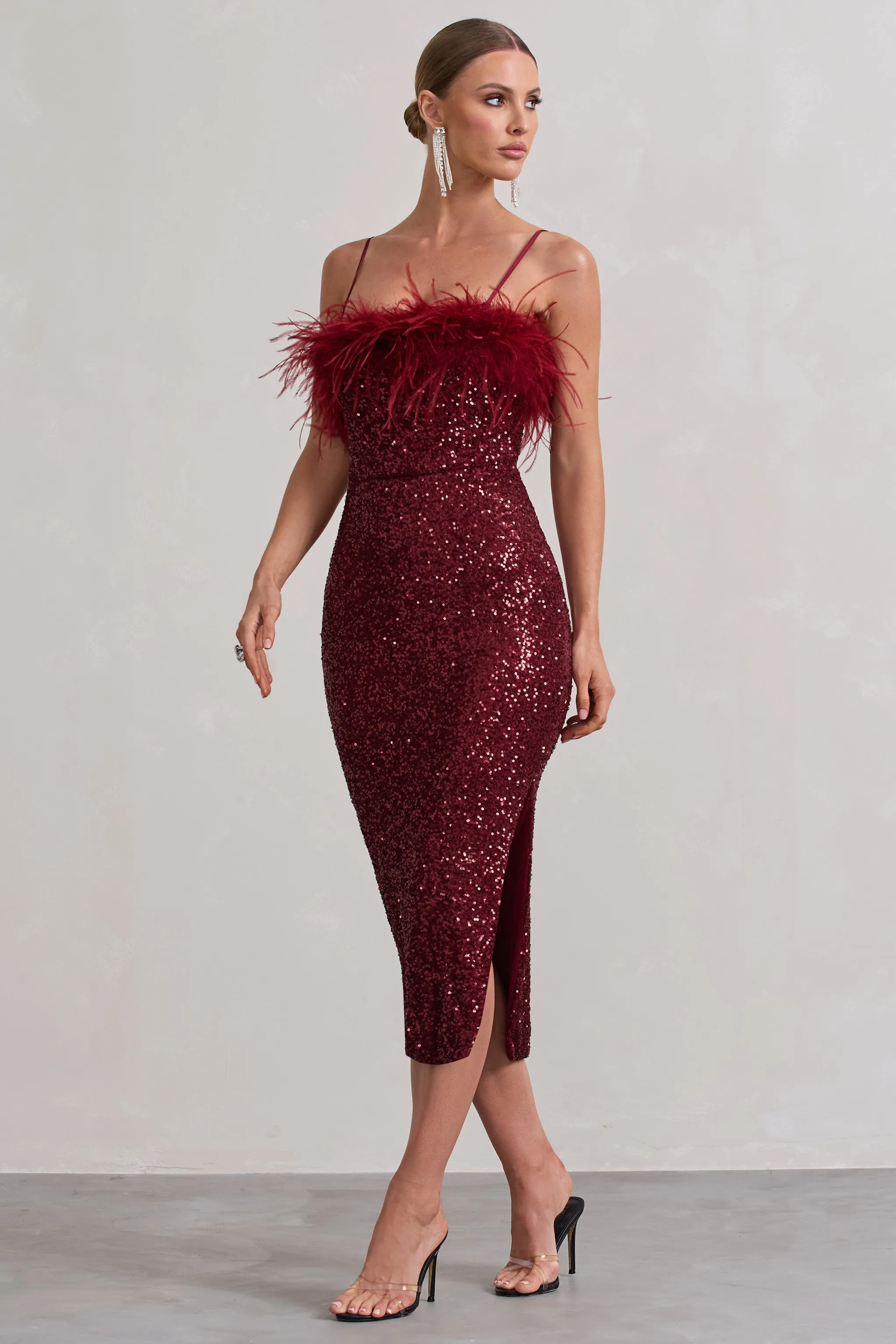 In Your Head | Plum Sequin Strappy Midi Dress With Feathers sold by Club L London product image thumbnail 5