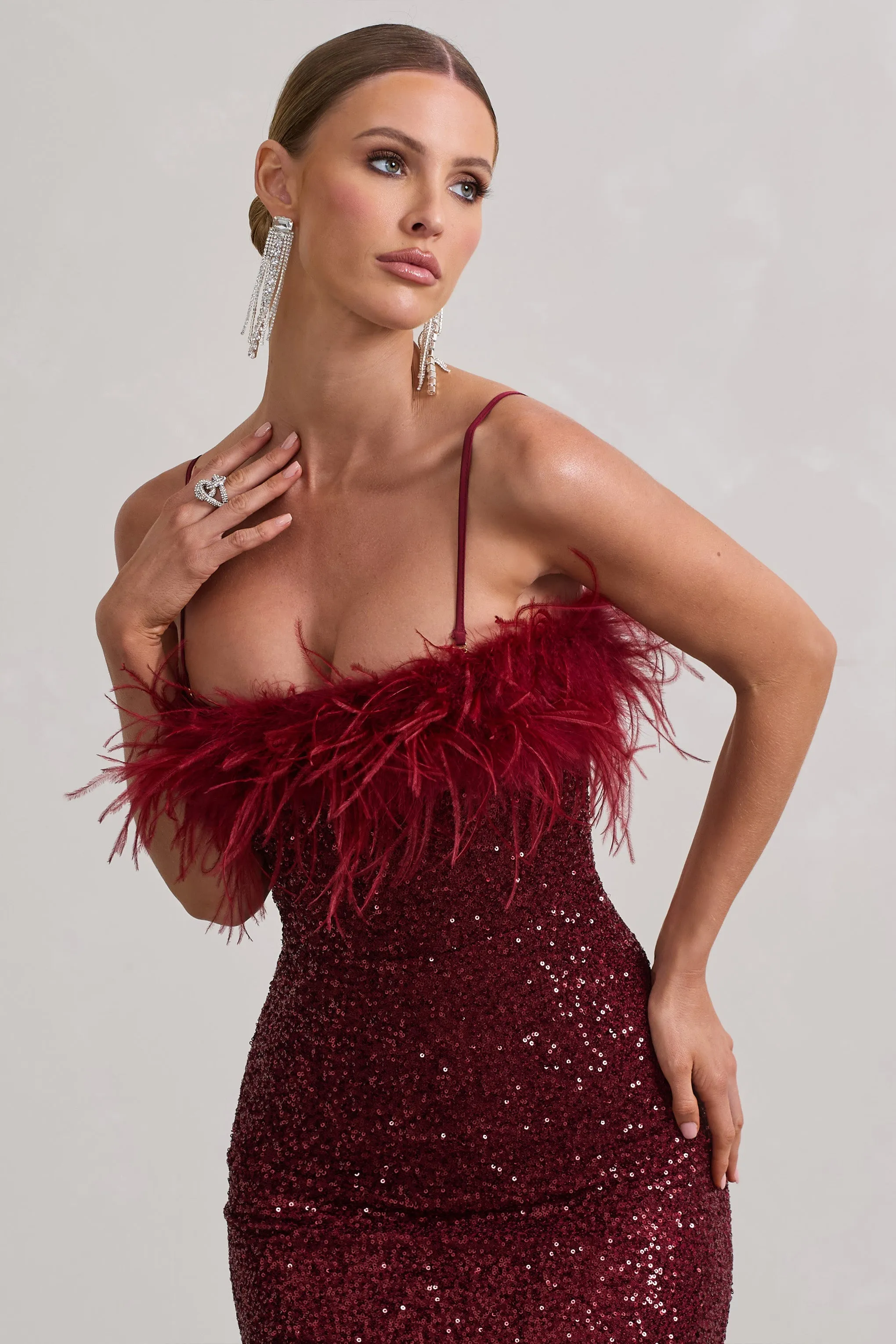 In Your Head | Plum Sequin Strappy Midi Dress With Feathers sold by Club L London product image thumbnail 3
