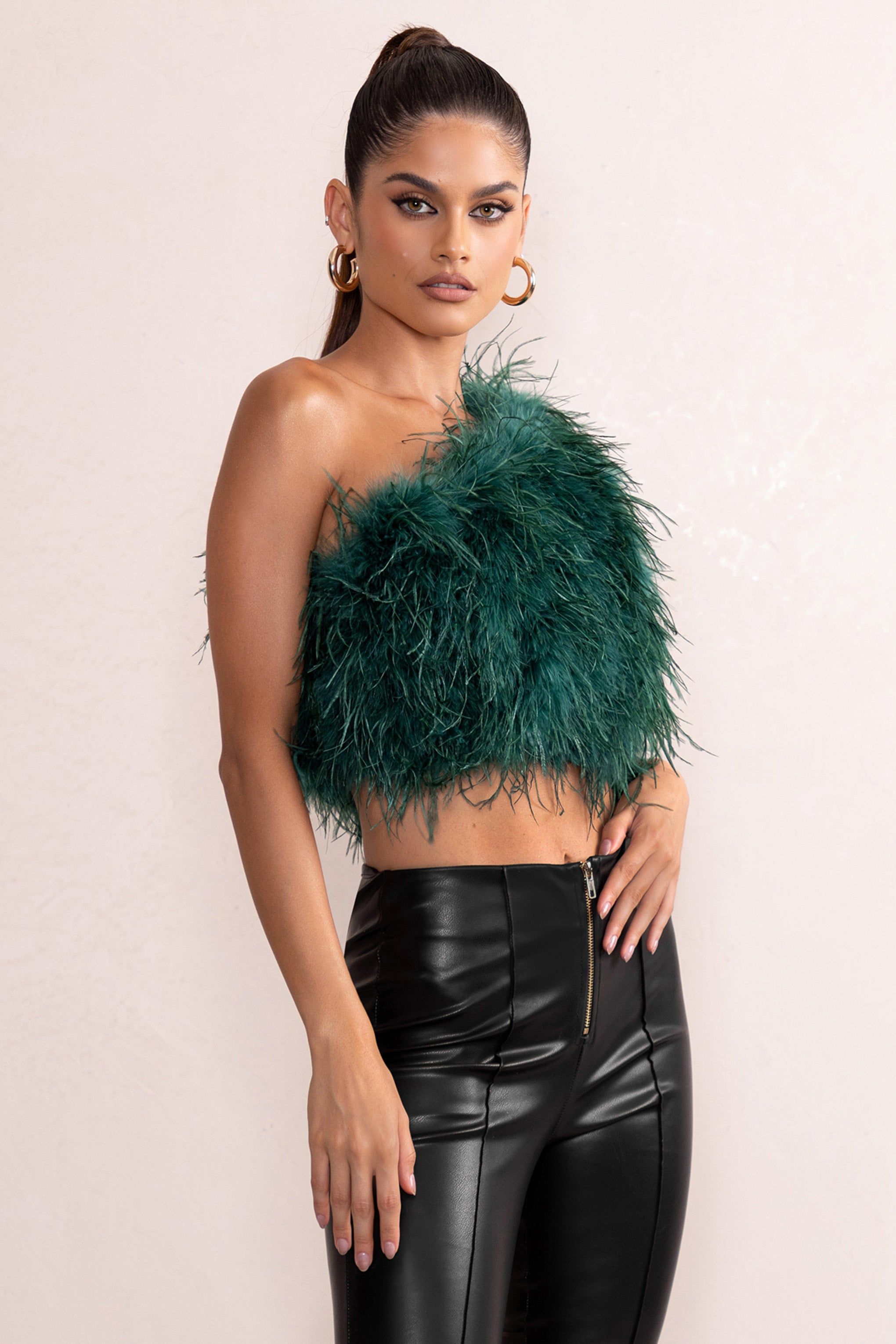 Ivey | Bottle Green One Shoulder Feather Crop Top sold by Club L London product image thumbnail 3