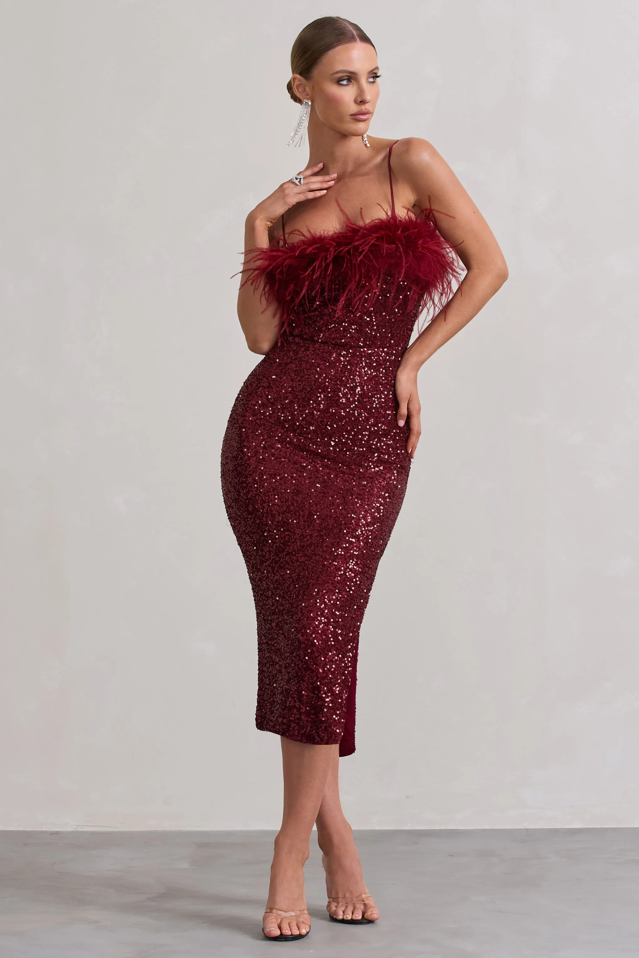In Your Head | Plum Sequin Strappy Midi Dress With Feathers sold by Club L London