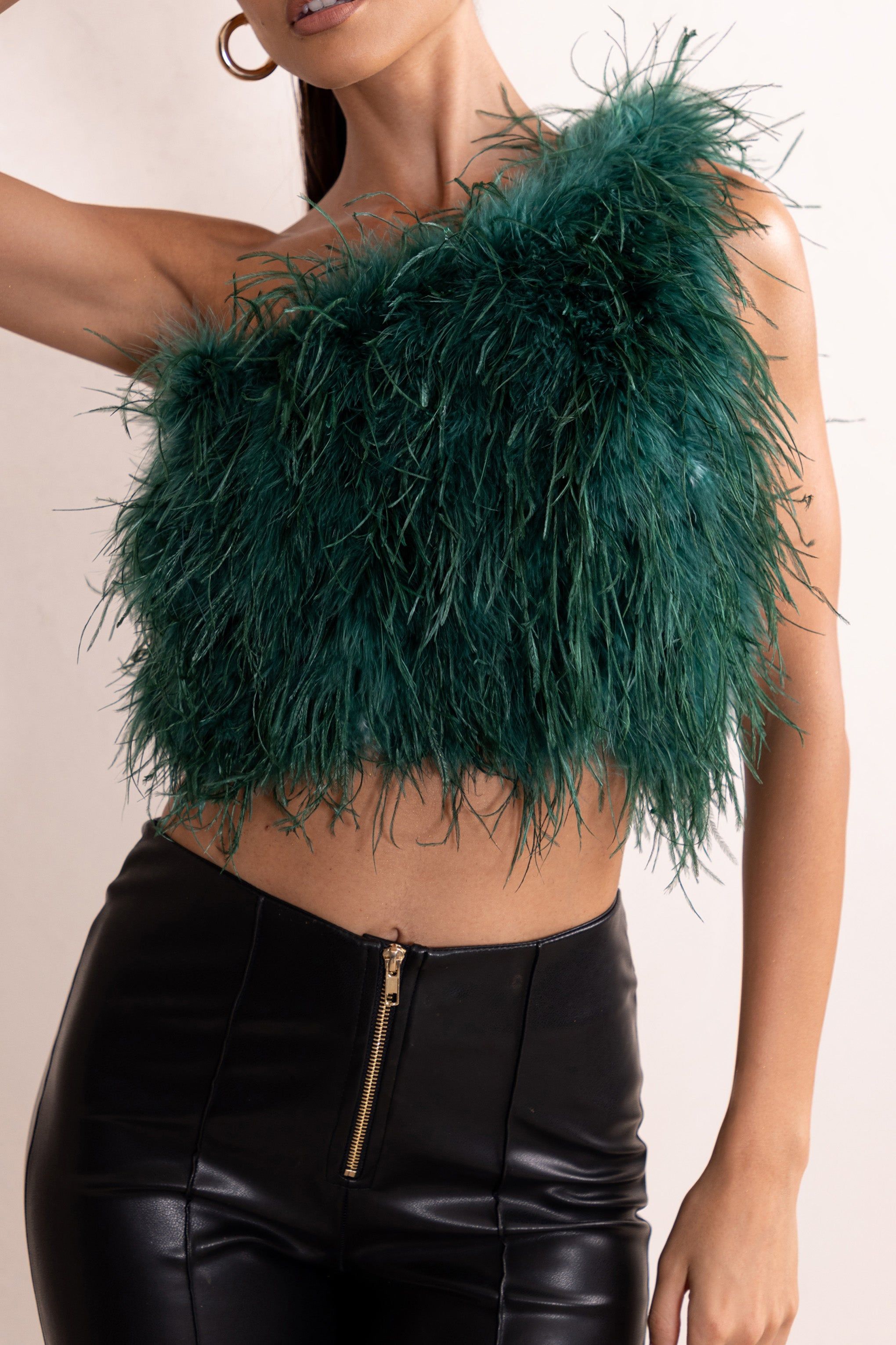 Ivey | Bottle Green One Shoulder Feather Crop Top sold by Club L London product image thumbnail 4