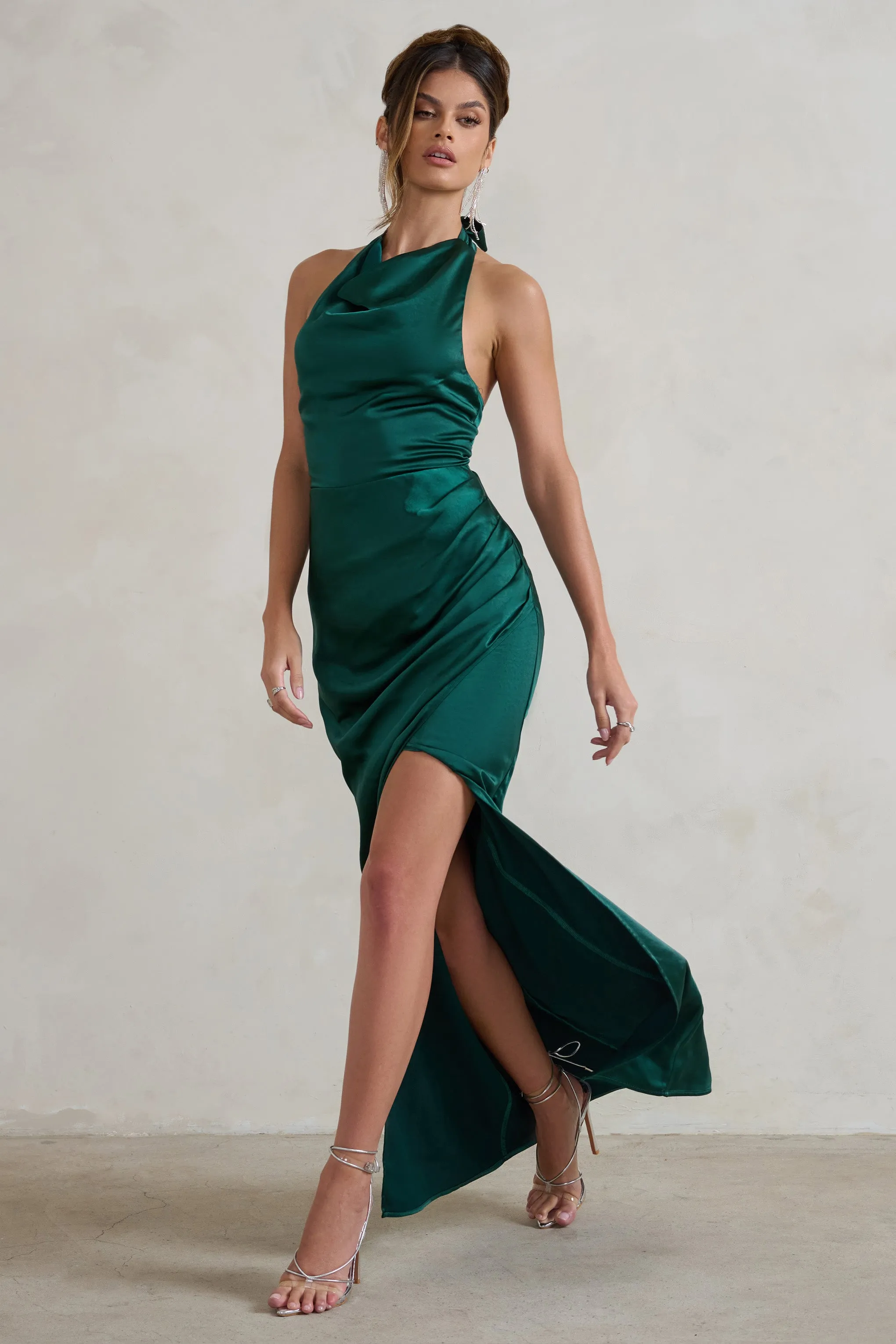 Forever Feature | Bottle Green High Neck Wrap Maxi Dress sold by Club L London product image thumbnail 4