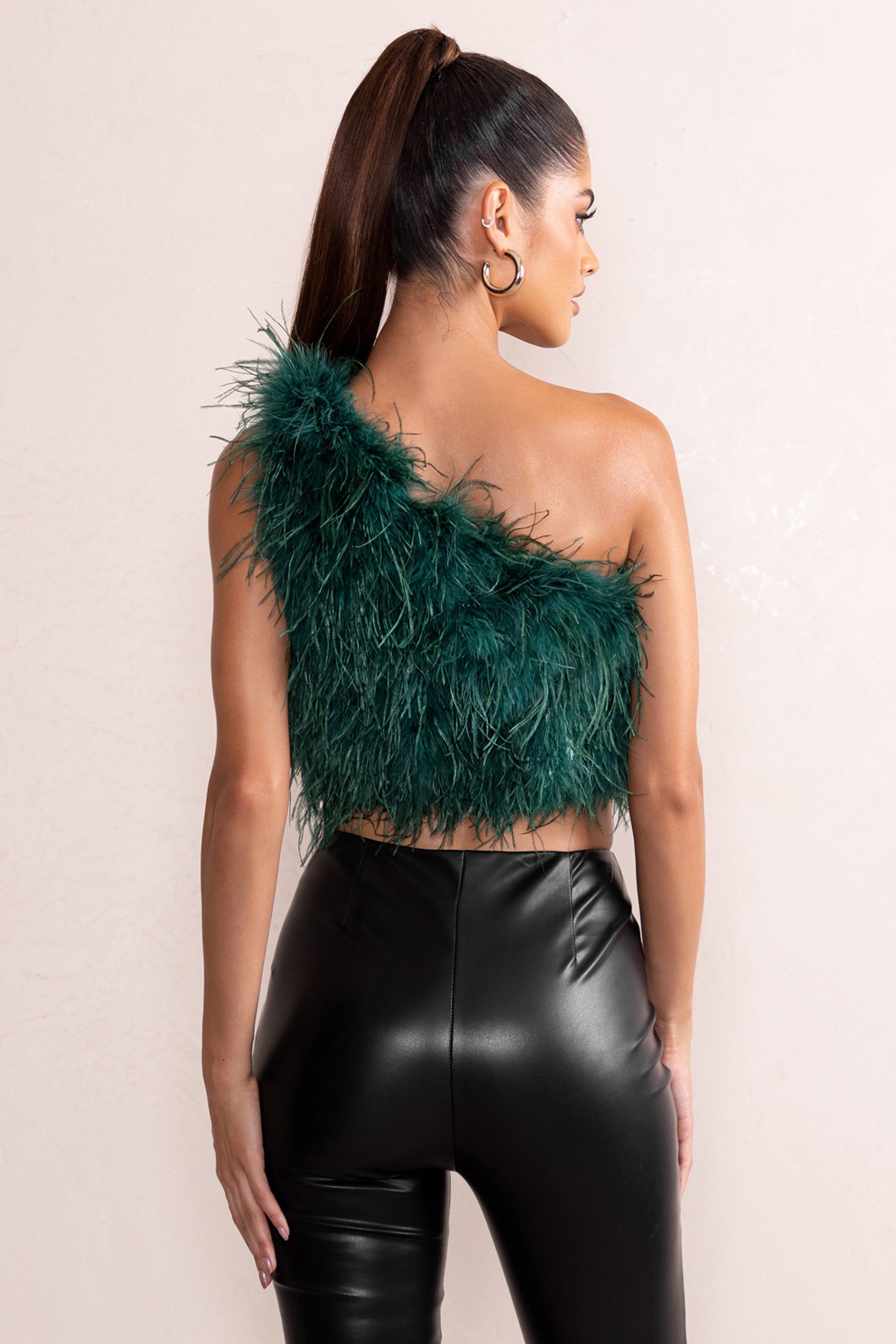 Ivey | Bottle Green One Shoulder Feather Crop Top sold by Club L London product image thumbnail 2
