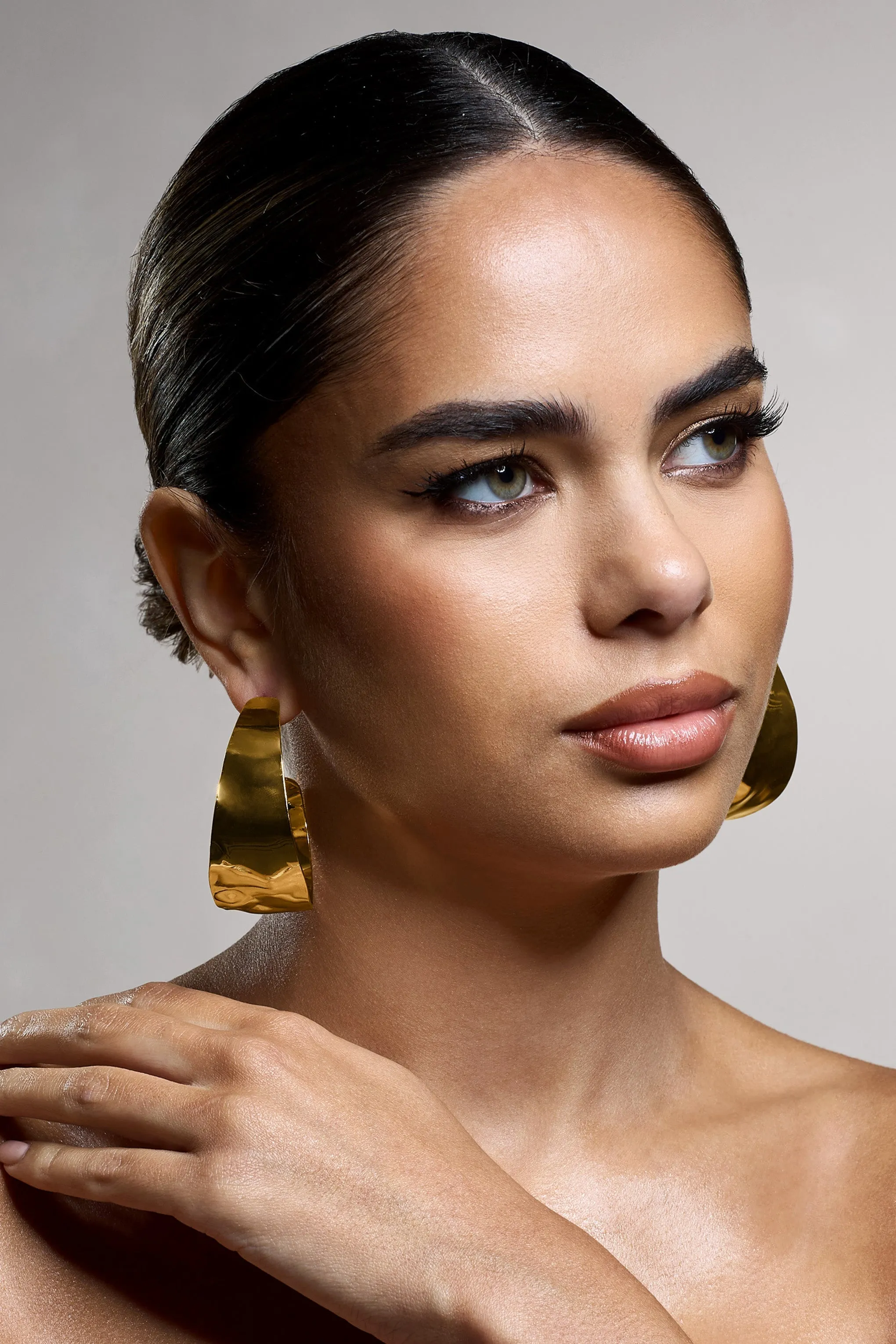 Splendor | Gold Textured Chunky Hoop Earrings sold by Club L London product image thumbnail 3