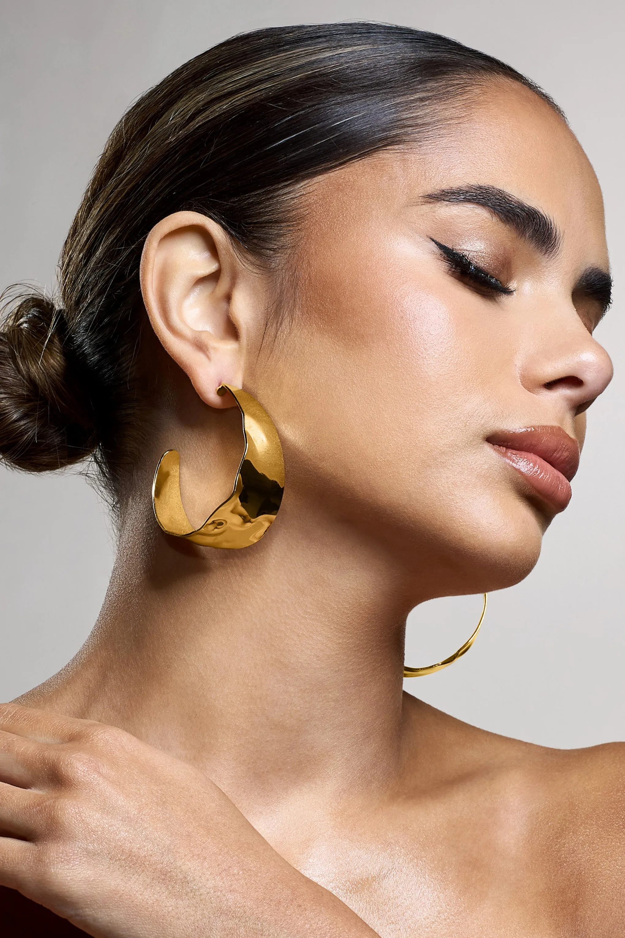 Splendor | Gold Textured Chunky Hoop Earrings sold by Club L London product image thumbnail 2