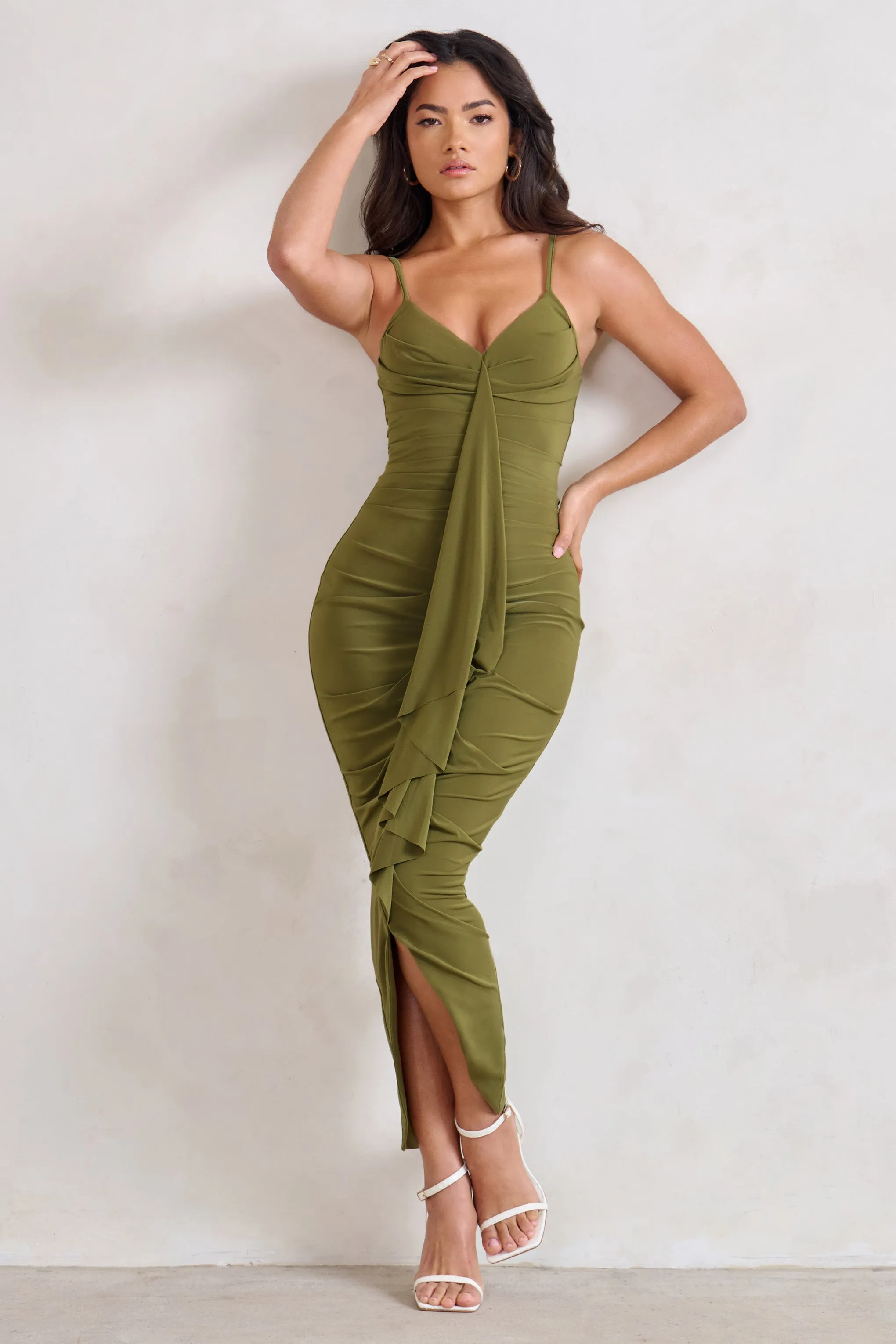 Dorothy | Olive Green Plunge V Neckline Ruffle Midi Dress sold by Club L London