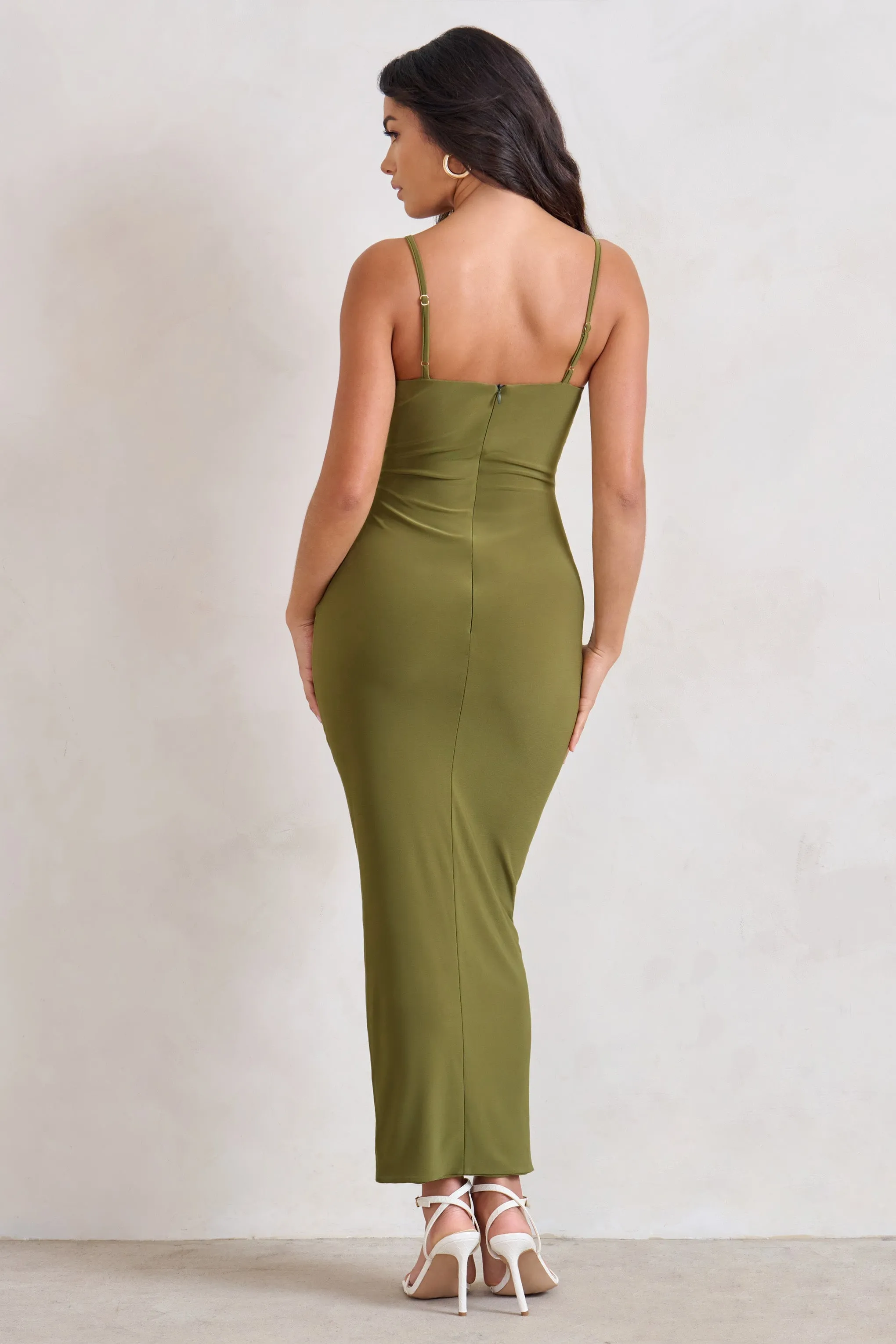Dorothy | Olive Green Plunge V Neckline Ruffle Midi Dress sold by Club L London product image thumbnail 3