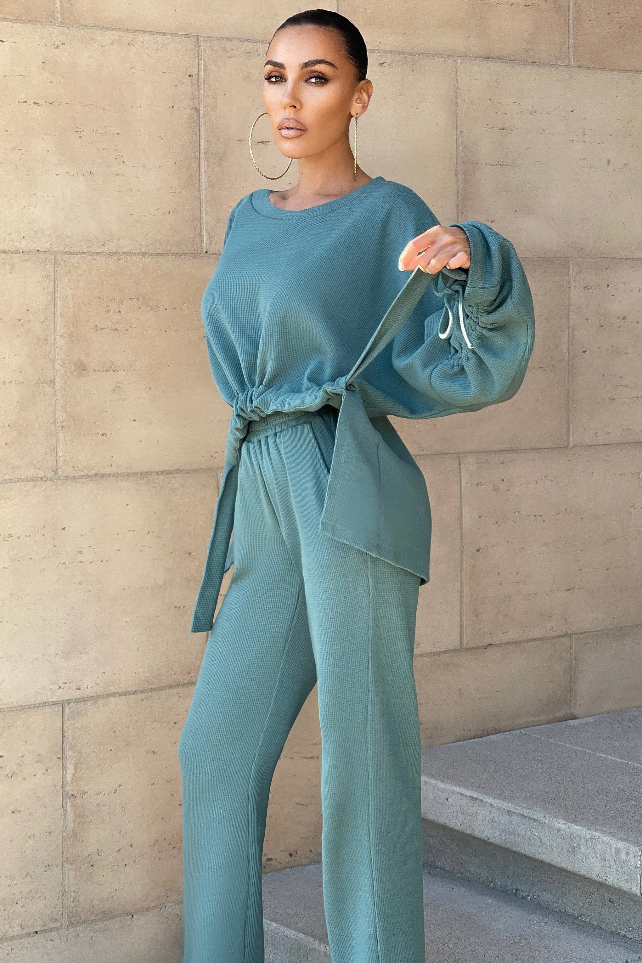 Empower | Teal Relaxed Tie Waist Wide Leg Trousers sold by Club L London product image thumbnail 4