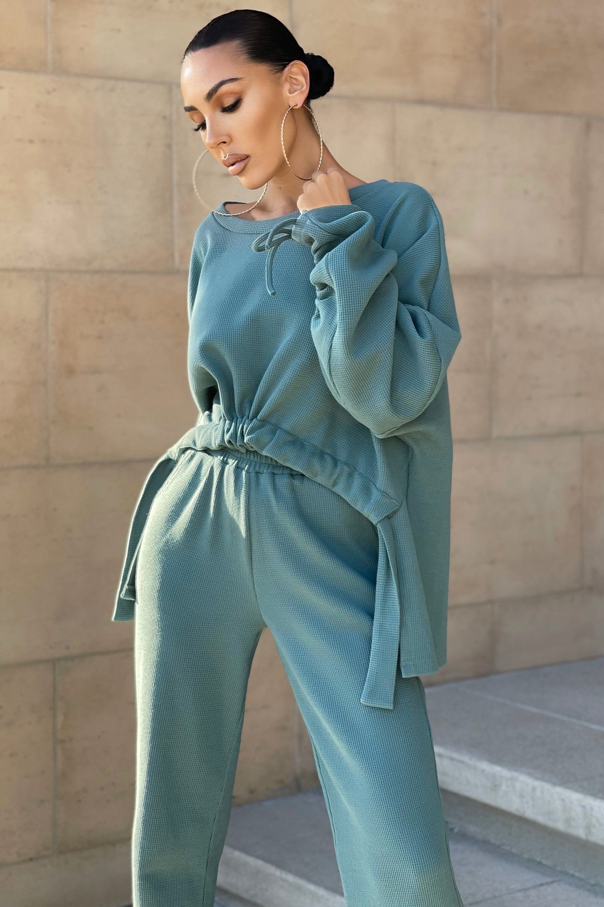 Empower | Teal Relaxed Tie Waist Wide Leg Trousers sold by Club L London product image thumbnail 5