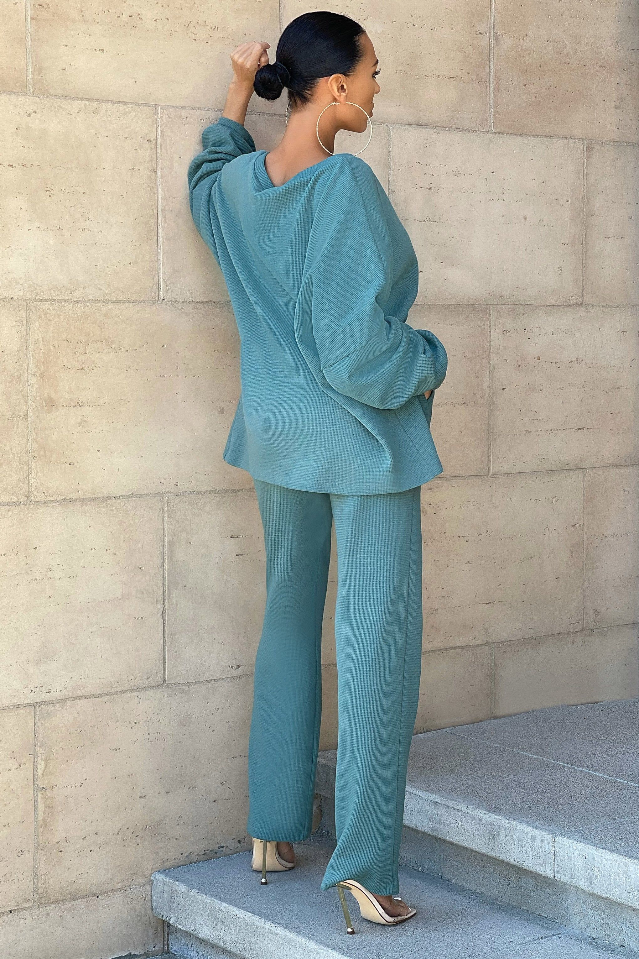 Empower | Teal Relaxed Tie Waist Wide Leg Trousers sold by Club L London product image thumbnail 2