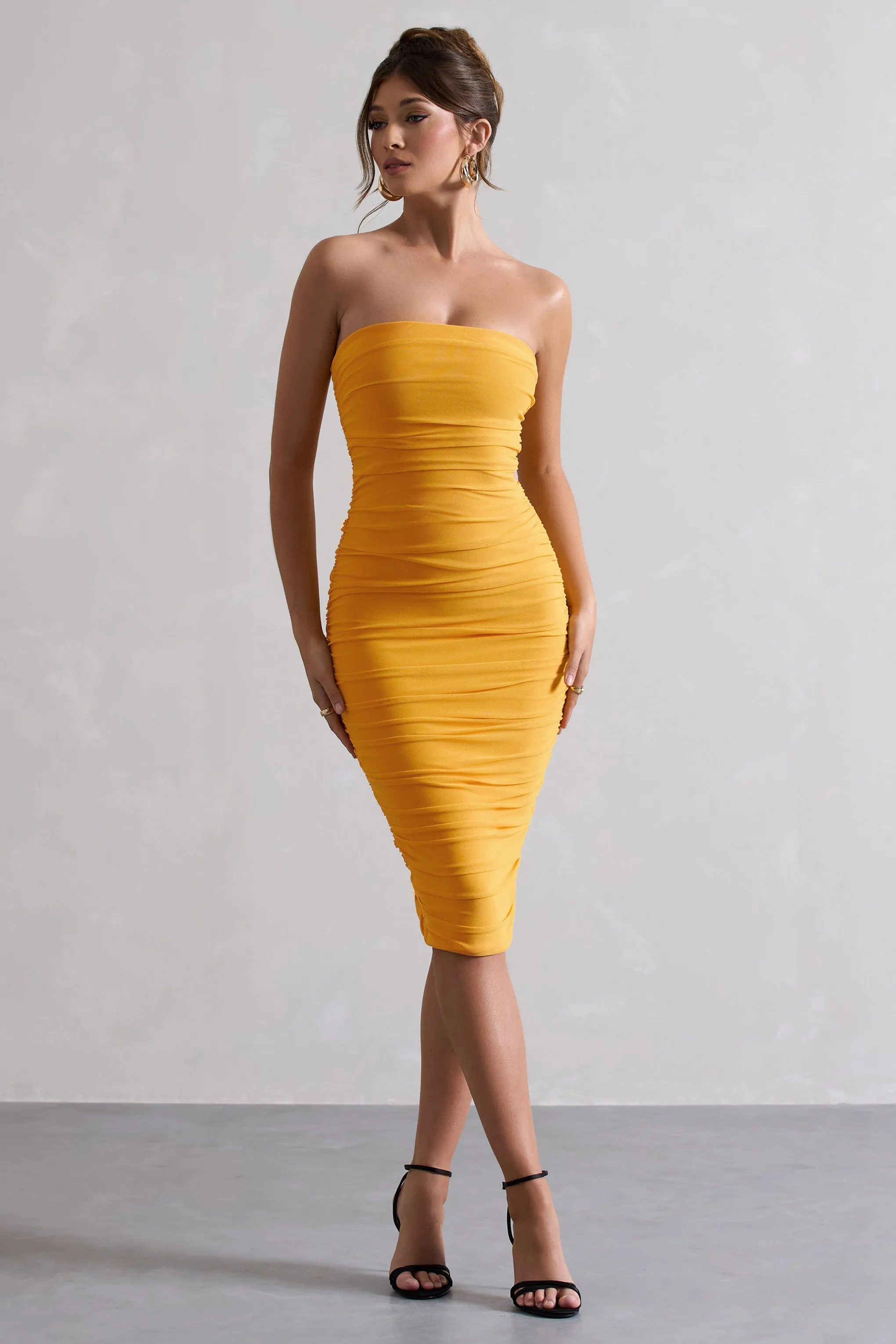 My Girl | Mango Strapless Bodycon Ruched Mesh Midi Dress sold by Club L London
