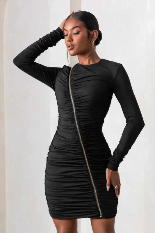 Empowered | Black High Neck Long Sleeves Zip Detail Mini Dress sold by Club L London